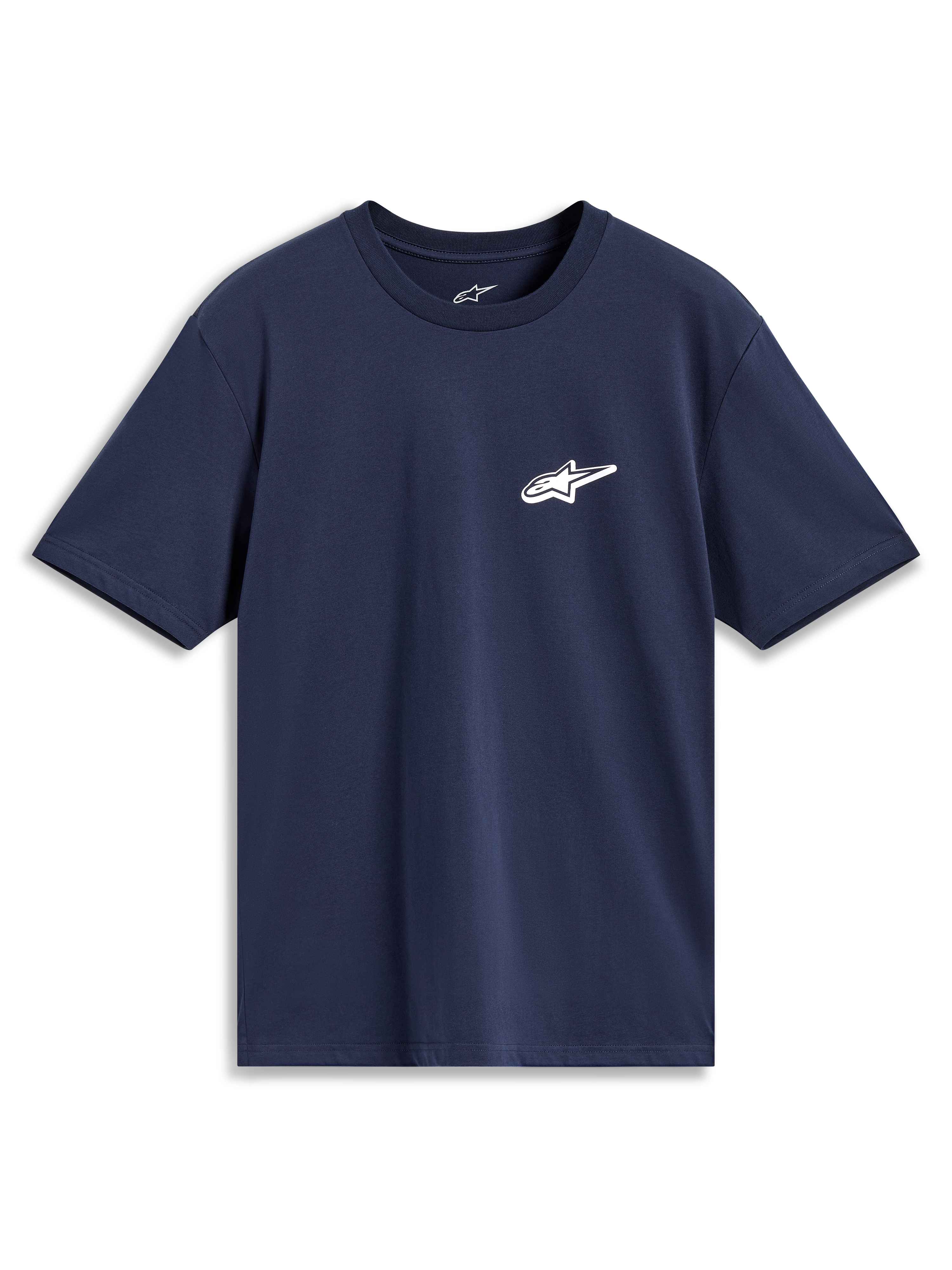 Alpinestars Meteor CSF Short Sleeve Tee in Navy Blue, casual sportswear featuring a small white Astars logo on the chest.