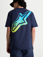 Alpinestars Meteor CSF Tee, Short Sleeve Sportswear Graphic T-shirt for Men and Women, Navy Blue with a large yellow and blue gradient Astars logo on the back, motorsport-inspired casual wear.