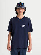 Alpinestars Meteor CSF Tee, Men's Casual Short Sleeve Sportswear T-shirt, Navy Blue, featuring a small white Alpinestars logo on the chest, on-model front view, soft cotton-poly blend fabric.