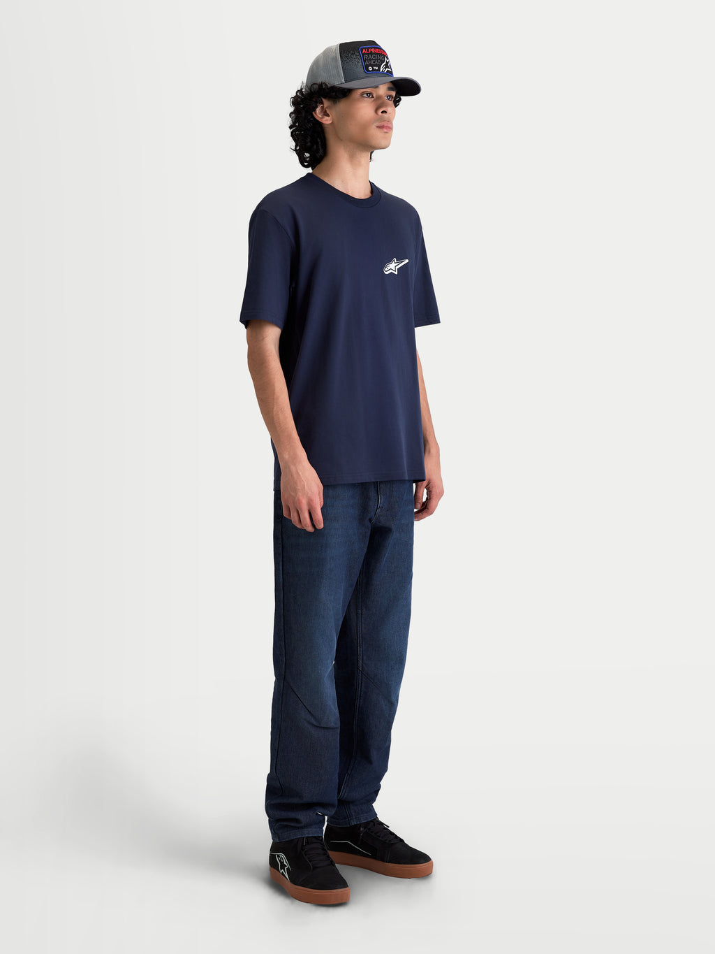 Alpinestars Meteor CSF Tee, Short Sleeve Sportswear T-Shirt, Navy Blue, Men's Casual Lifestyle Apparel, featuring a white Astars chest logo and premium cotton-poly blend construction, shown on model.