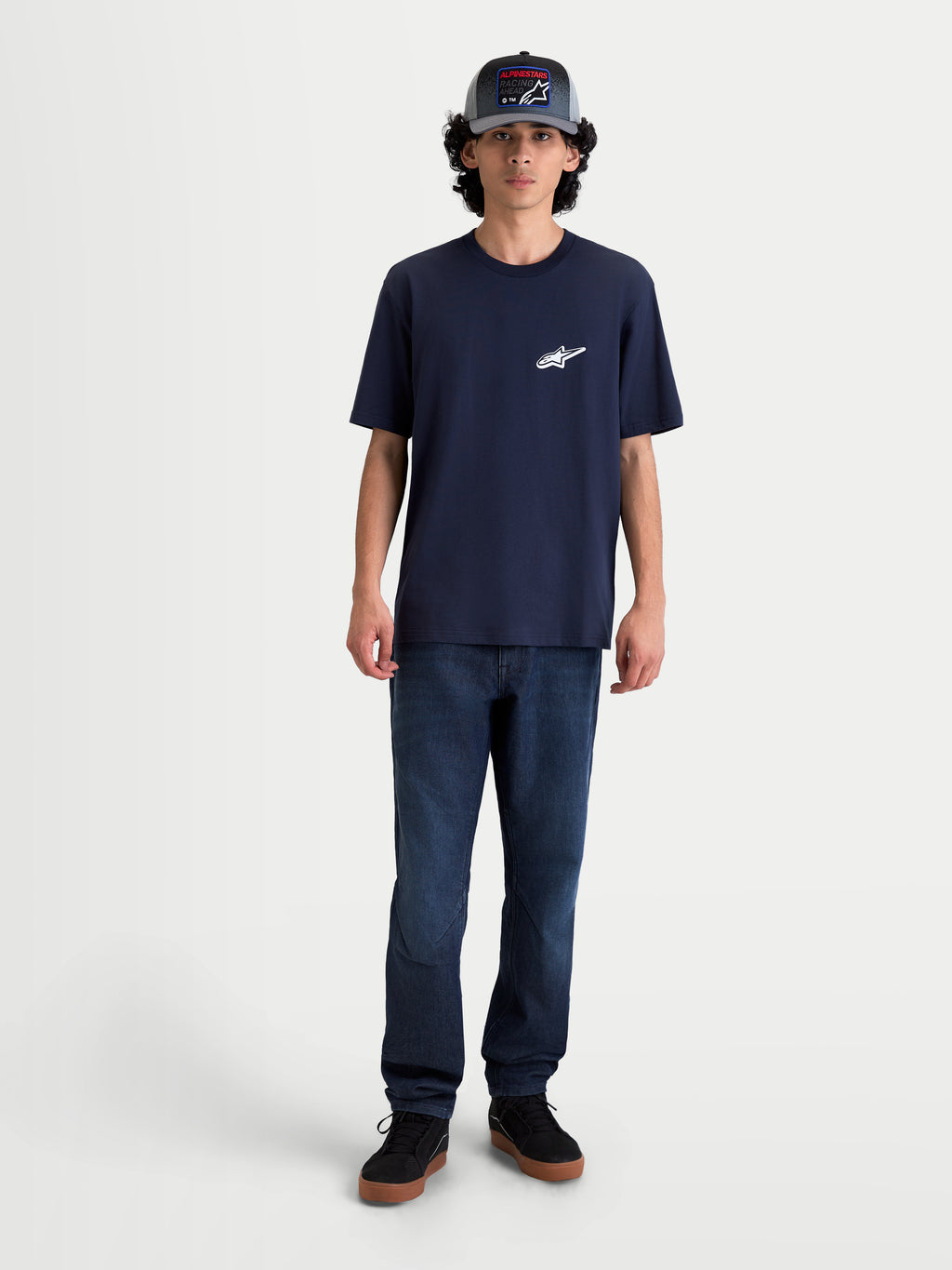 Alpinestars Meteor CSF Tee, Men's Short Sleeve Sportswear T-Shirt in Navy Blue, featuring a white Astars chest logo, soft cotton-poly blend construction, casual motorsport-inspired lifestyle apparel.