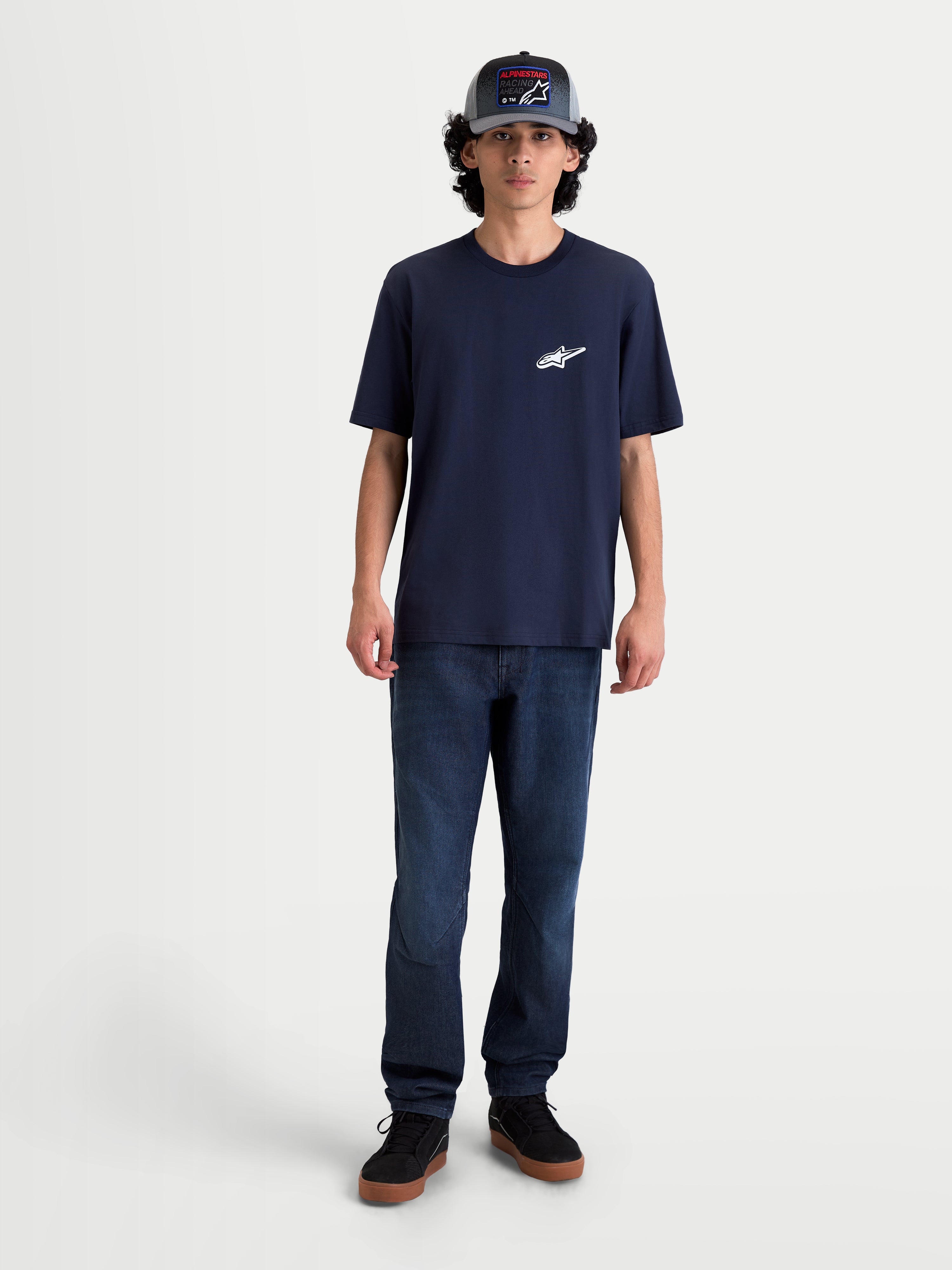 Alpinestars Meteor CSF Tee, Men's Short Sleeve Sportswear T-Shirt in Navy Blue, featuring a white Astars chest logo, soft cotton-poly blend construction, casual motorsport-inspired lifestyle apparel.