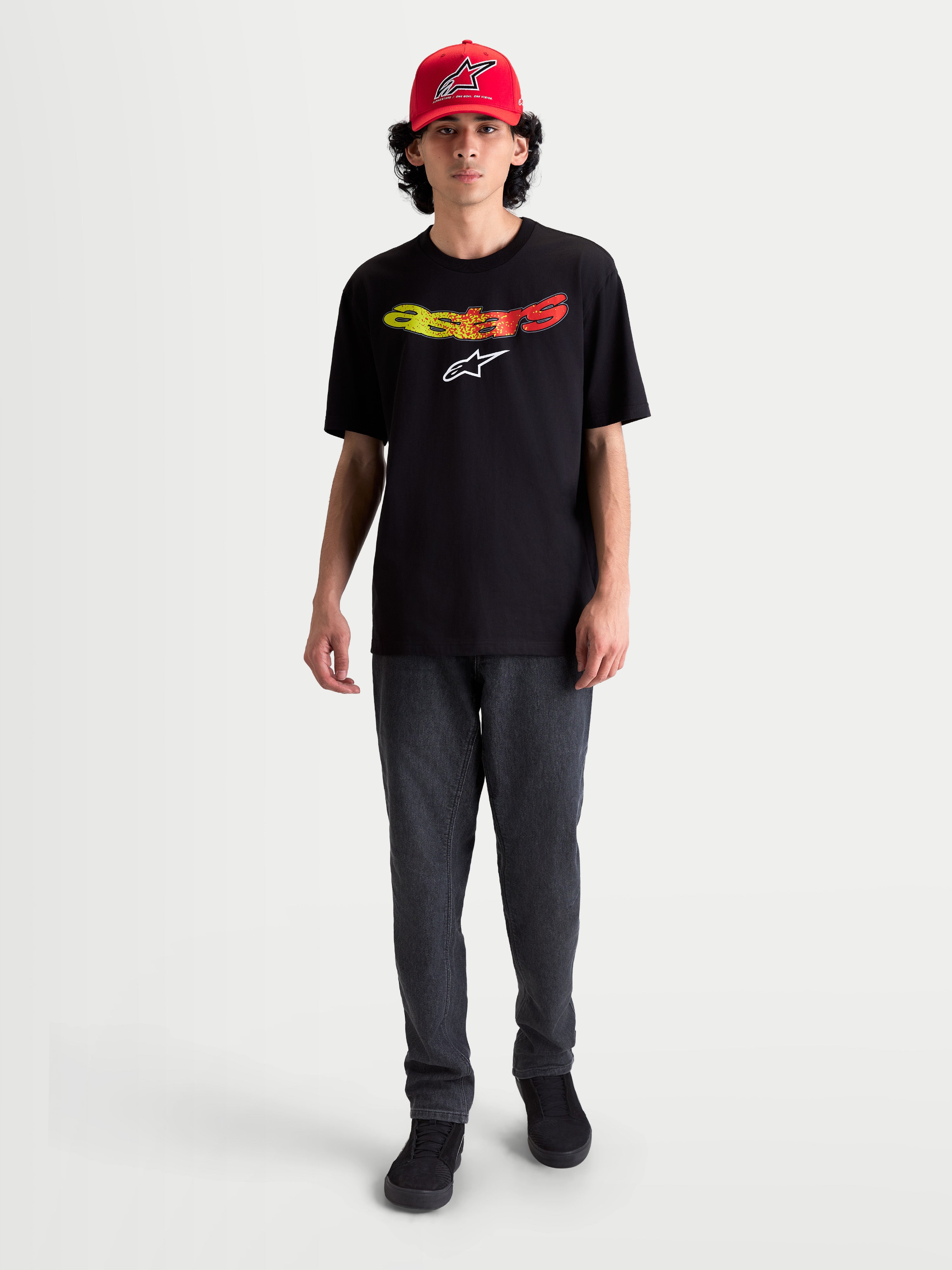 Alpinestars Elliptogrit CSF Tee, Men's Short Sleeve Sportswear T-shirt, Black with yellow and red gradient Astars wordmark logo, casual everyday apparel, cotton-poly blend.