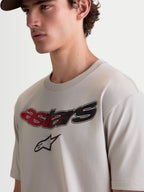Alpinestars Elliptogrit CSF Tee, Men's Short Sleeve Sportswear T-shirt in Cement Gray, featuring a curved Astars wordmark with red and black gradient logo graphics, casual motorsport lifestyle apparel.