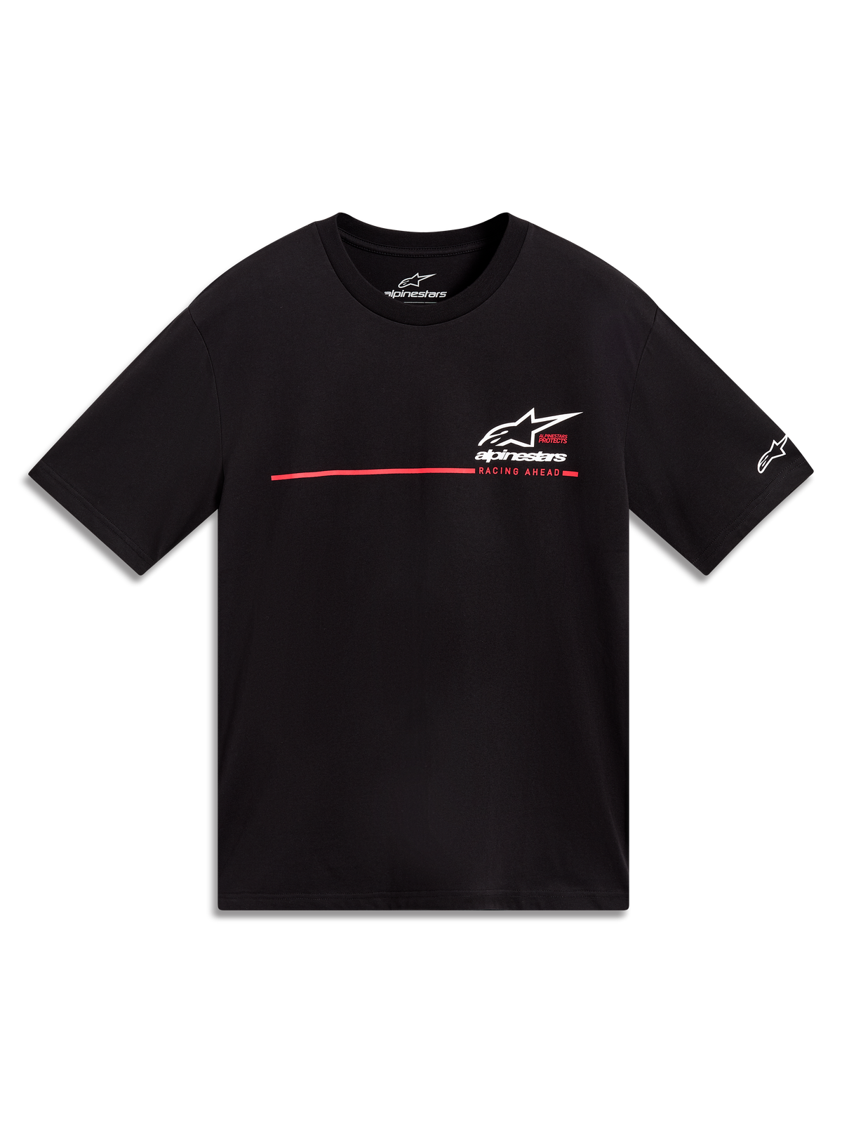Alpinestars P1 CSF Short Sleeve Tee, black unisex sportswear with a white Astars logo and red race stripe graphic.