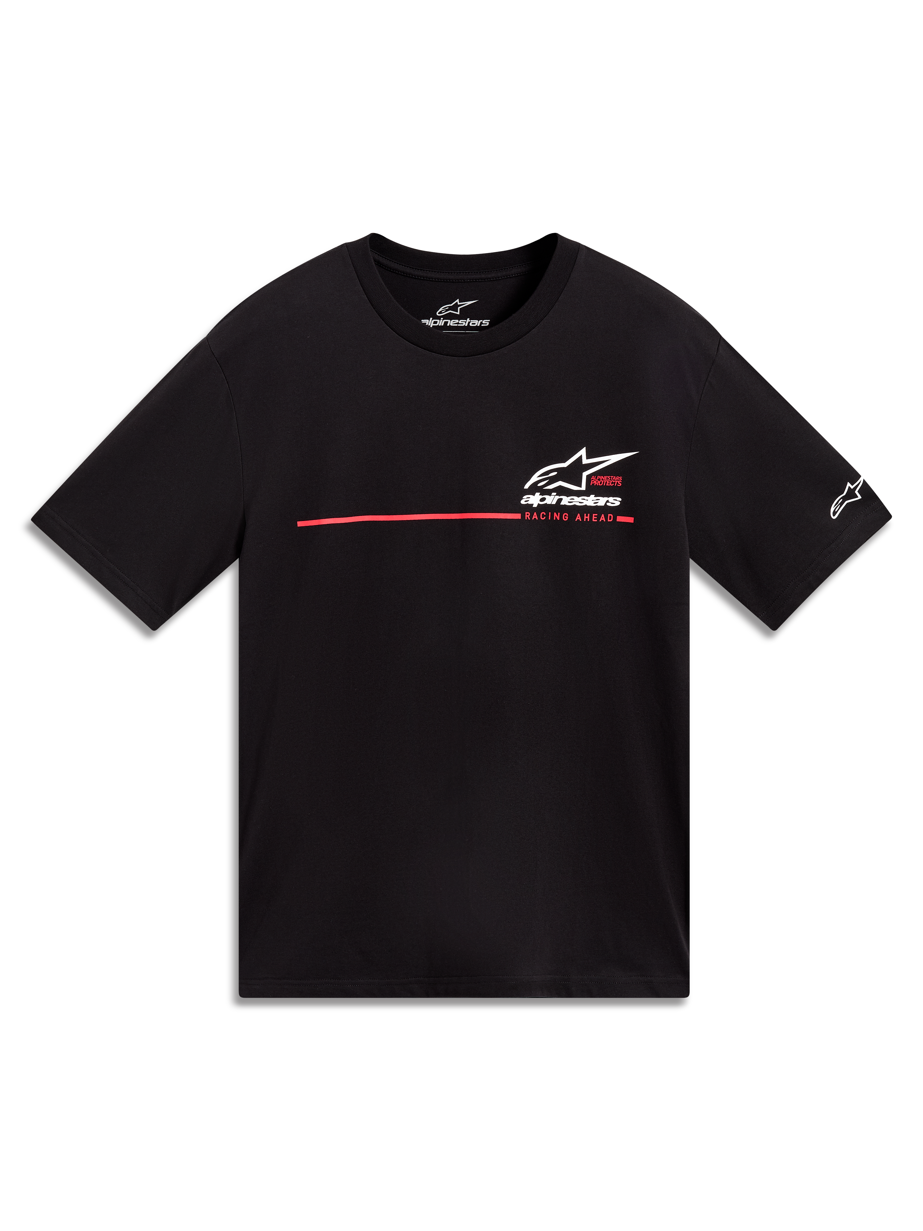 Alpinestars P1 CSF Short Sleeve Tee, black unisex sportswear with a white Astars logo and red race stripe graphic.