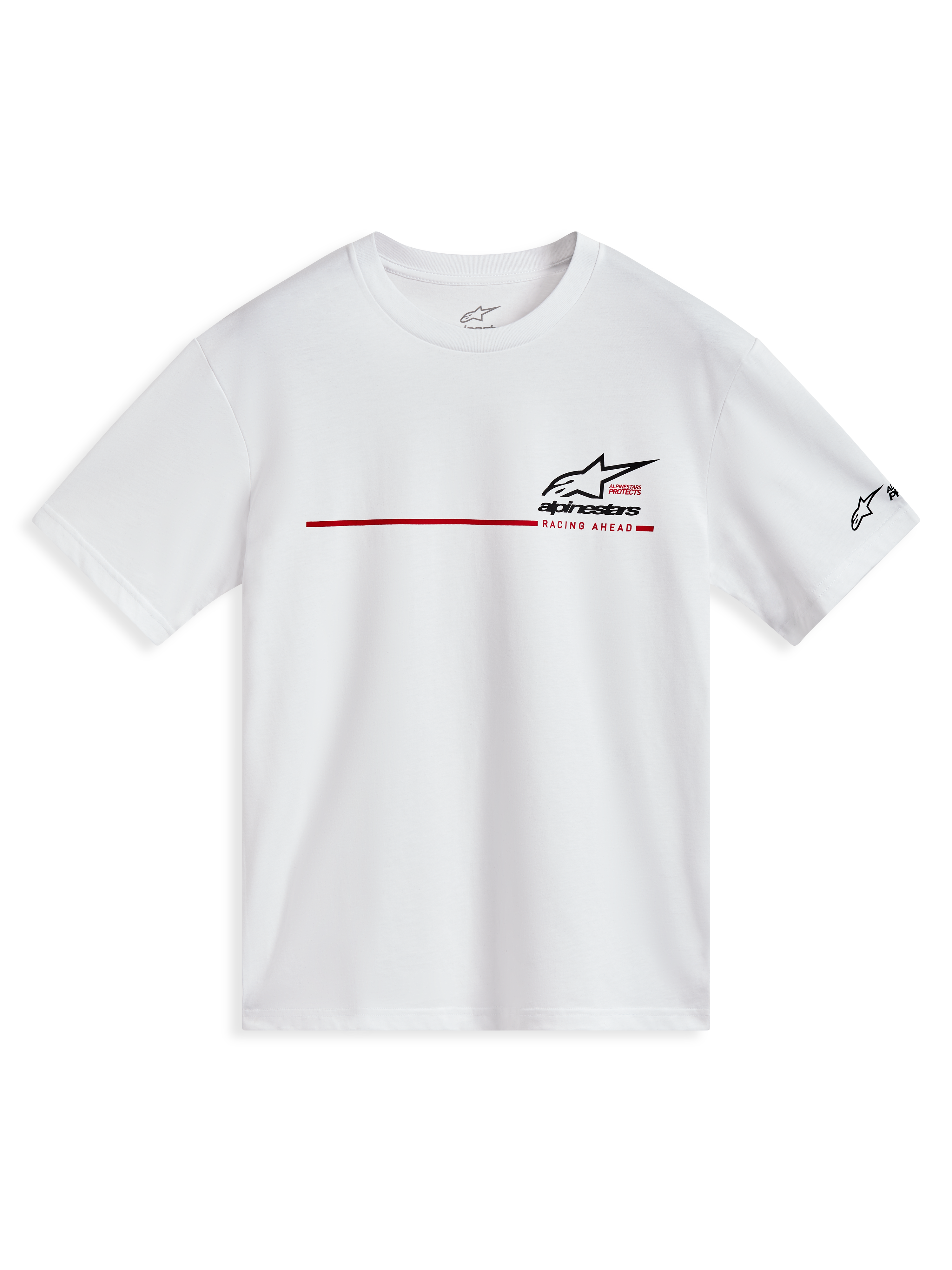 Alpinestars P1 CSF Short Sleeve Tee, White, casual sportswear shirt with red race stripe and black logo graphics.