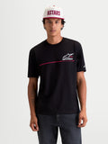 Alpinestars P1 CSF Tee, Men's Short Sleeve Sportswear T-Shirt, Black with White and Red Race Stripe Logo Graphic, 60/40 Cotton-Poly Blend, Casual Motorsport Lifestyle Apparel worn by model.