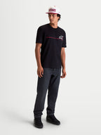 Alpinestars P1 CSF Tee, Short Sleeve Sportswear T-Shirt in Black, featuring a race stripe logo graphic with a soft-hand print finish, casual motorsport-inspired apparel for men and women.