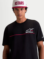 Alpinestars P1 CSF Tee, Short Sleeve Sportswear T-Shirt, Unisex, Black, featuring a race stripe logo graphic with a soft-hand print finish, 60/40 cotton-poly blend construction.