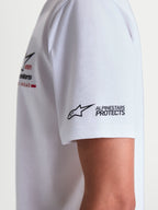 Alpinestars P1 CSF Tee, White Short Sleeve Sportswear T-shirt, Close-up detail of the soft-hand print race stripe logo graphic, 60/40 cotton-poly blend, casual off-bike apparel for men and women.