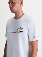 Alpinestars P1 CSF Tee, White Short Sleeve Sportswear T-Shirt with Black Race Stripe Logo Graphic, Soft Cotton-Poly Blend for Casual Off-Bike Wear, Unisex.