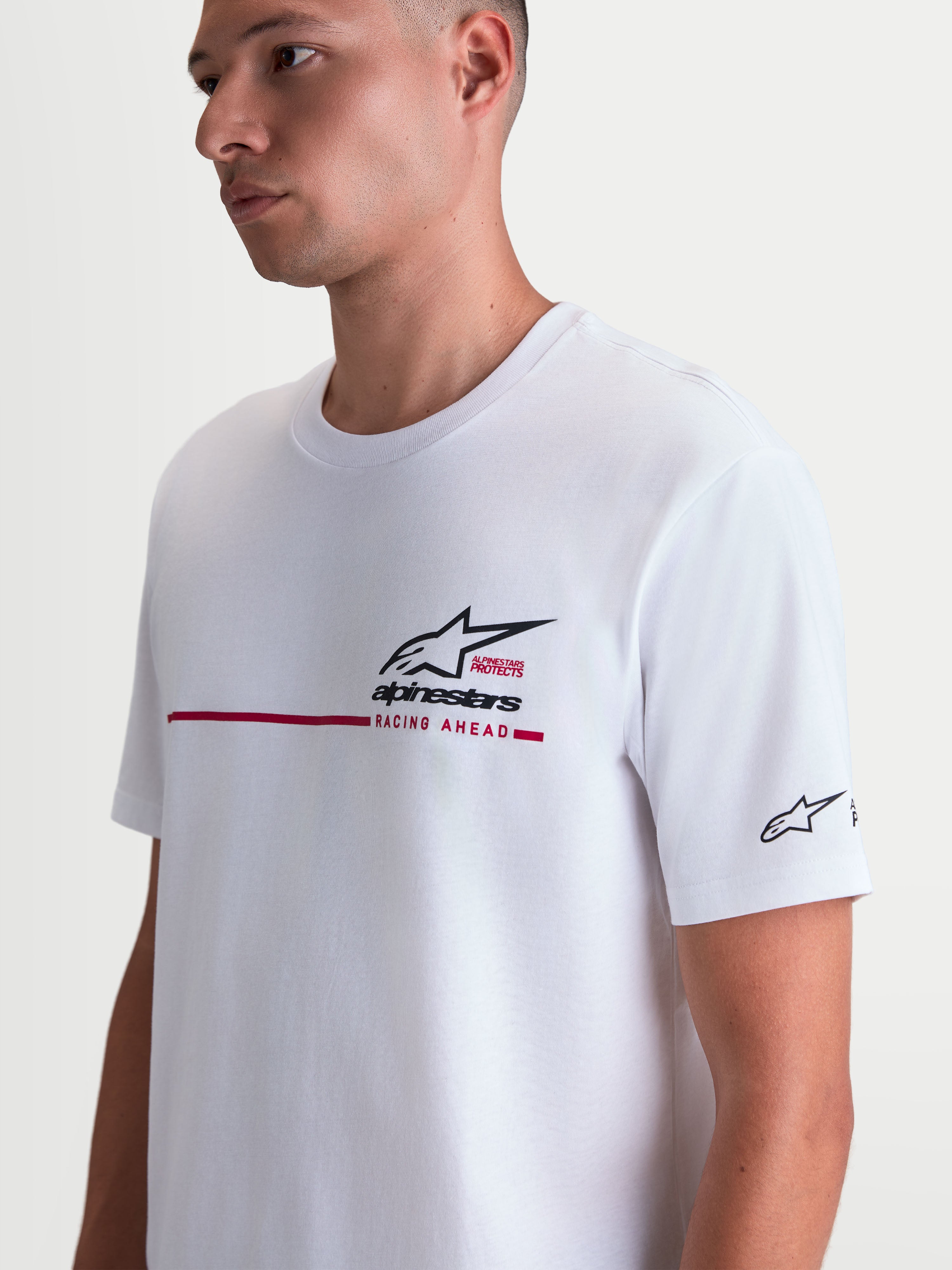 Alpinestars P1 CSF Tee, White Short Sleeve Sportswear T-Shirt with Black Race Stripe Logo Graphic, Soft Cotton-Poly Blend for Casual Off-Bike Wear, Unisex.