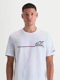 Alpinestars P1 CSF Tee, Short Sleeve Sportswear T-Shirt for Men and Women, White featuring a Black and Red Race Stripe Graphic and Racing Ahead text, soft Cotton-Poly blend construction for casual comfort.