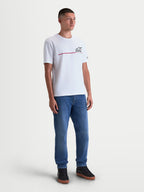 Alpinestars P1 CSF Tee, Short Sleeve Sportswear T-Shirt, Unisex, White, featuring a black race stripe logo graphic with a soft-hand print finish, constructed from a comfortable 60/40 cotton-poly blend for everyday casual wear.