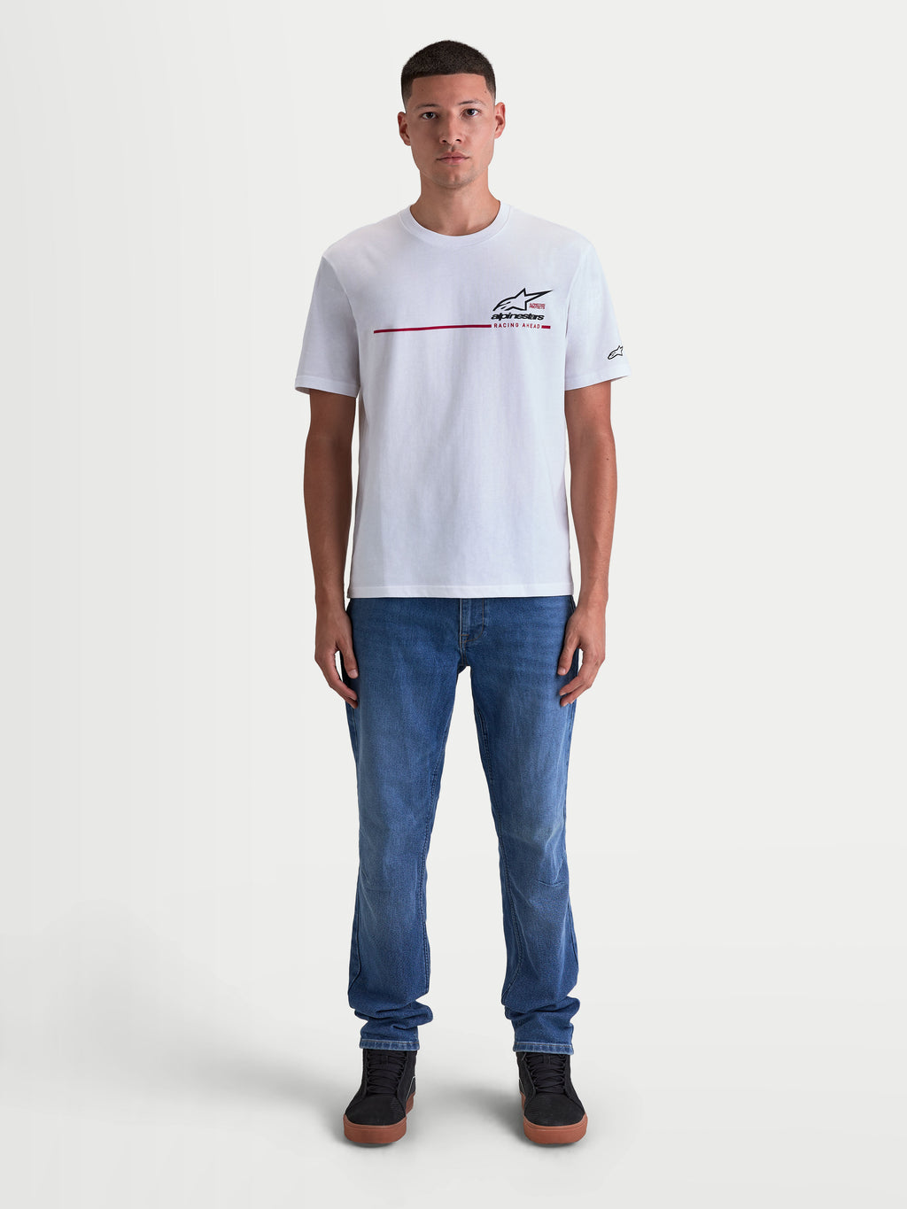 Alpinestars P1 CSF Tee, White Short Sleeve Sportswear T-Shirt, featuring a motorsport race stripe logo graphic, soft-hand print, and premium cotton-poly blend for casual off-bike comfort.