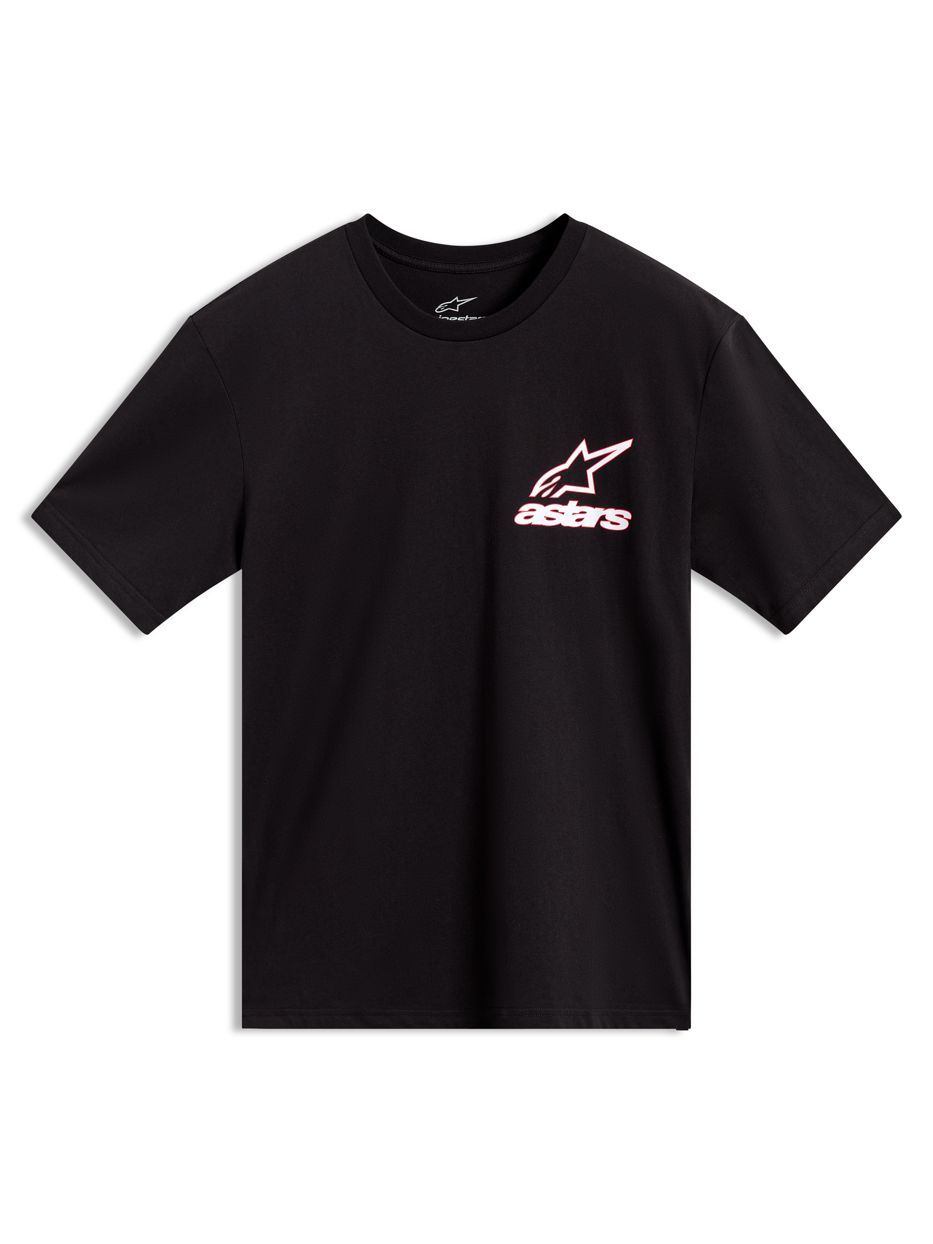 Alpinestars Lineout CSF Tee, black short-sleeve sportswear shirt with white and red outlined Astars chest logo.