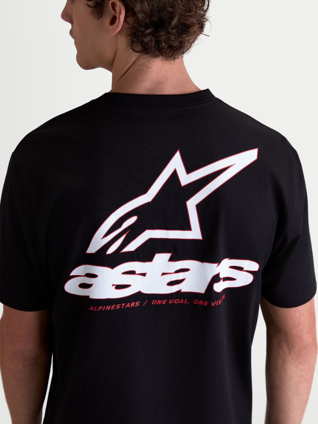 Alpinestars Lineout CSF Tee, Short Sleeve Sportswear T-Shirt, Black with large White and Red Astars Logo Graphic on back, Unisex, Cotton-Poly Blend, featuring One Goal One Vision brand motto.