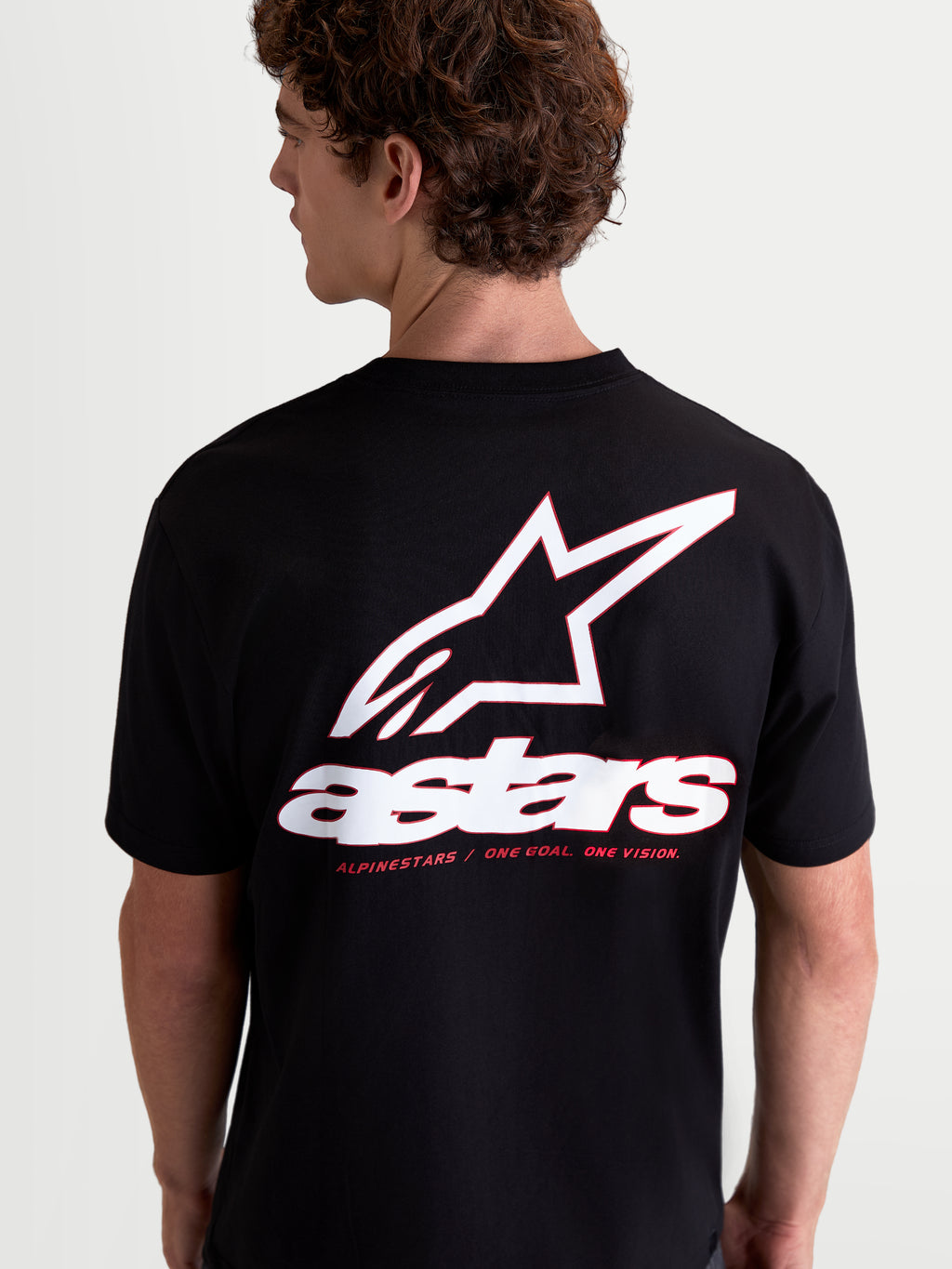 Alpinestars Lineout CSF Tee, Casual Sportswear Short Sleeve T-Shirt, Black with large white and red back Astars logo graphic and brand motto, Unisex, premium cotton-poly blend.