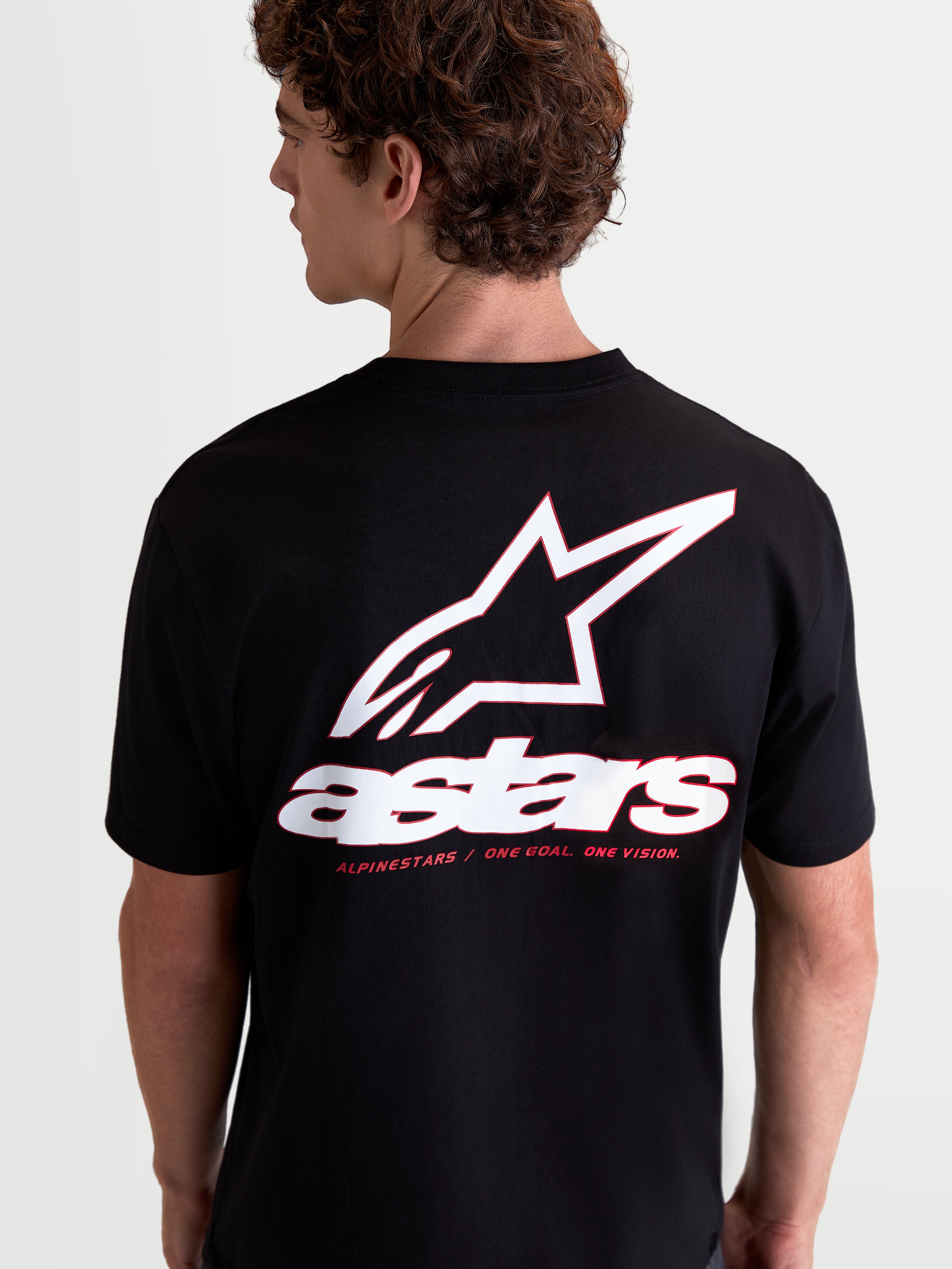 Alpinestars Lineout CSF Tee, Casual Sportswear Short Sleeve T-Shirt, Black with large white and red back Astars logo graphic and brand motto, Unisex, premium cotton-poly blend.