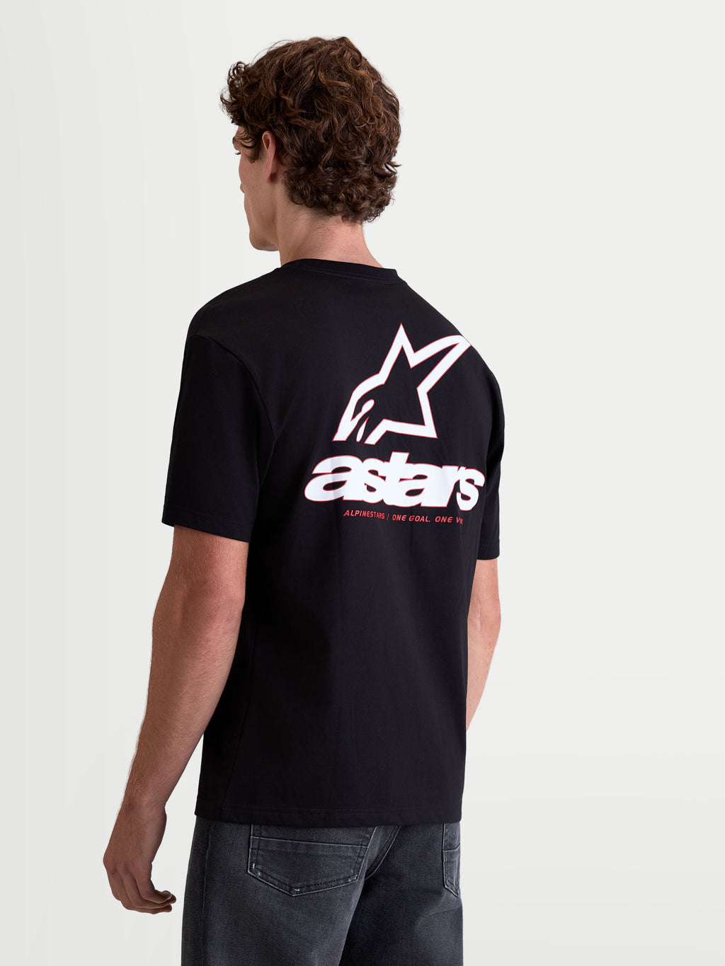 Alpinestars Lineout CSF Tee, Men's Casual Sportswear Short Sleeve T-shirt, Black, featuring a large white Astars back logo graphic with red accents, premium cotton-poly blend construction.