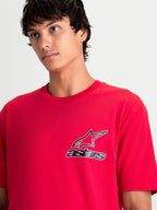 Alpinestars Lineout CSF Tee, Red Short Sleeve Sportswear T-shirt, featuring a black and white Astars logo graphic on the chest, made from a comfortable cotton-poly blend, on-model front view.