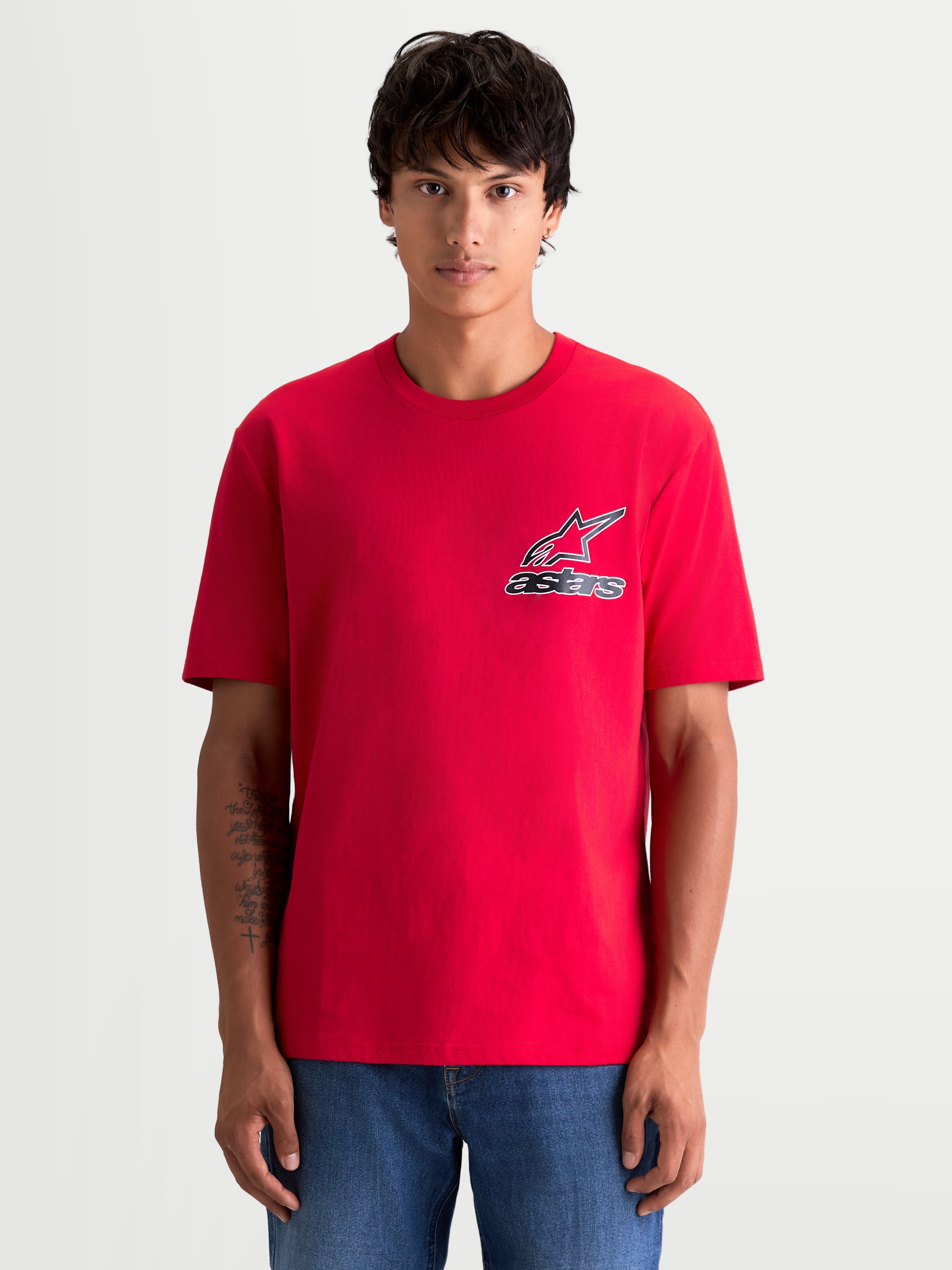 Alpinestars Lineout CSF Tee, Men's Short Sleeve Sportswear T-Shirt, Red with a black and white Astars logo on the chest, on-model front view, casual crew neck design, soft cotton-poly material.