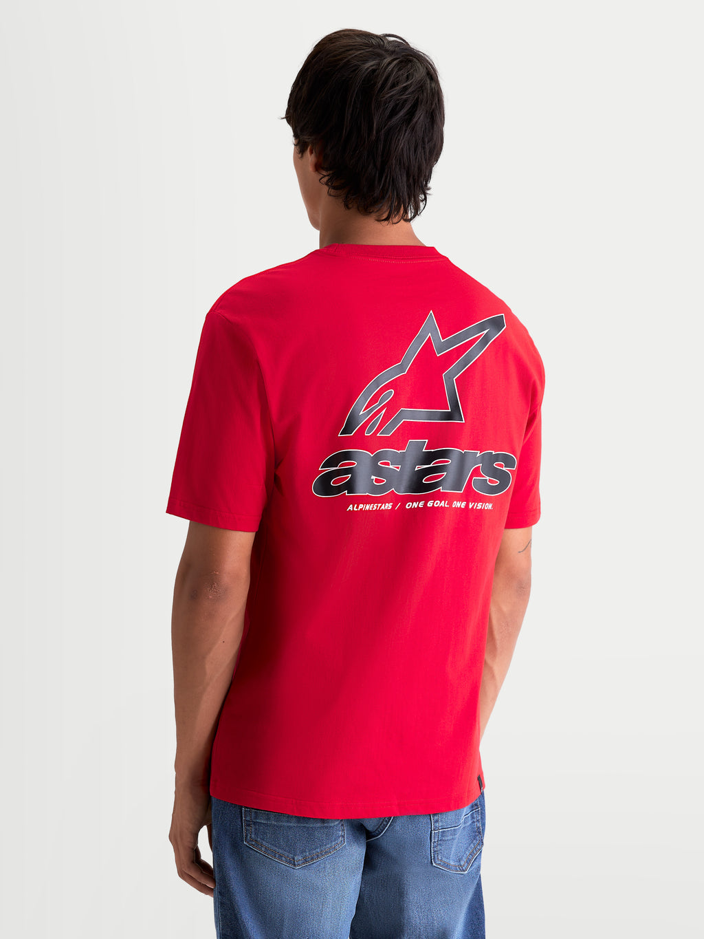 Alpinestars Lineout CSF Tee, Short Sleeve Sportswear T-Shirt, Red, back view on model featuring large Astars logo and One Goal One Vision branding, soft-hand print graphic, casual everyday apparel.