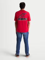 Alpinestars Lineout CSF Tee, Men's Short Sleeve Sportswear T-Shirt, Red with a large Astars logo and spiral graphic on the back in Black and White, soft-hand print, casual lifestyle apparel.