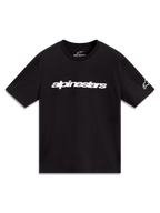 Alpinestars Race Wordmark CSF Tee, black short-sleeve sportswear shirt featuring a white linear logo and sleeve graphic.