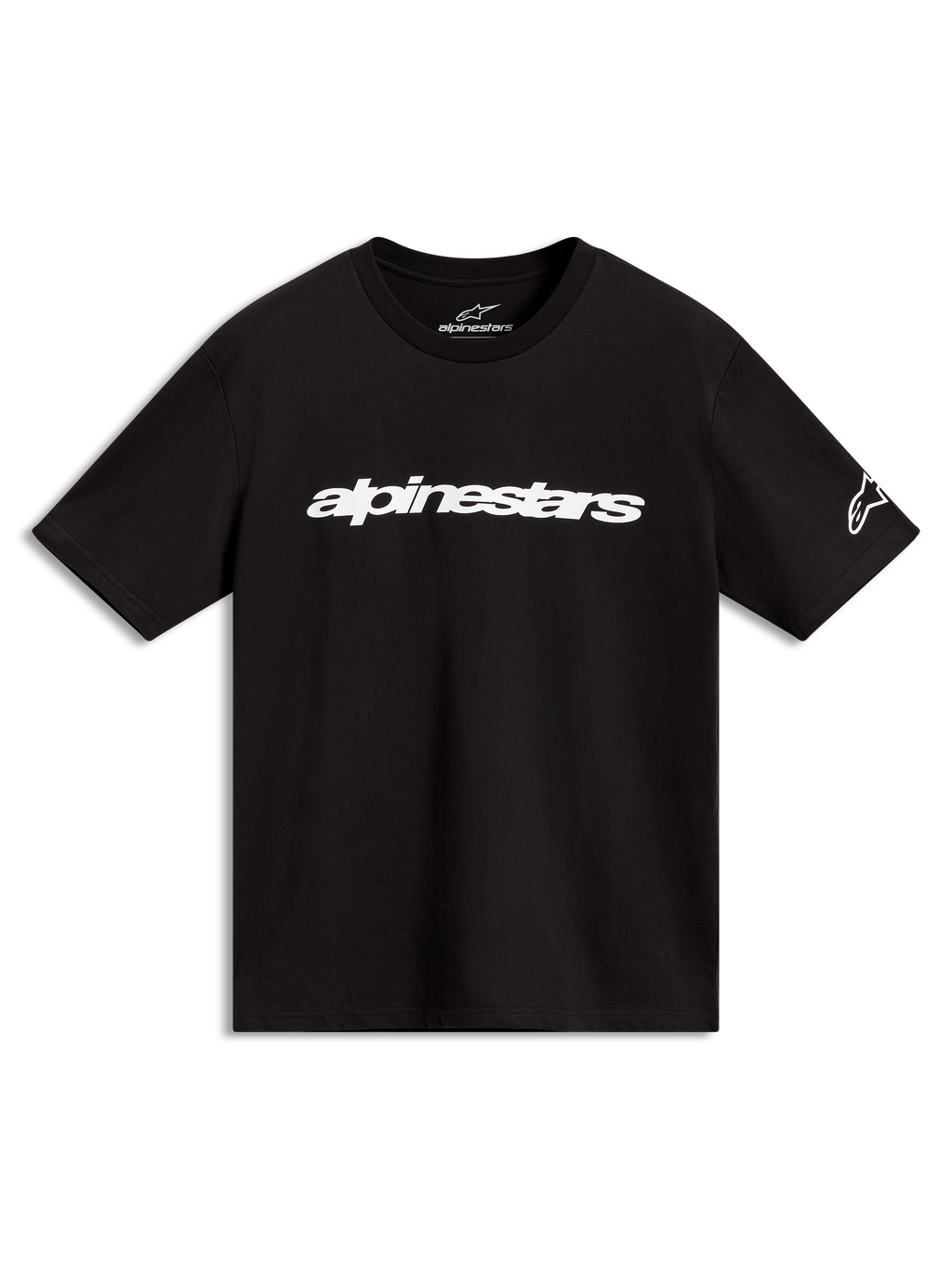 Alpinestars Race Wordmark CSF Tee, black short-sleeve sportswear shirt with white linear chest logo and sleeve branding.