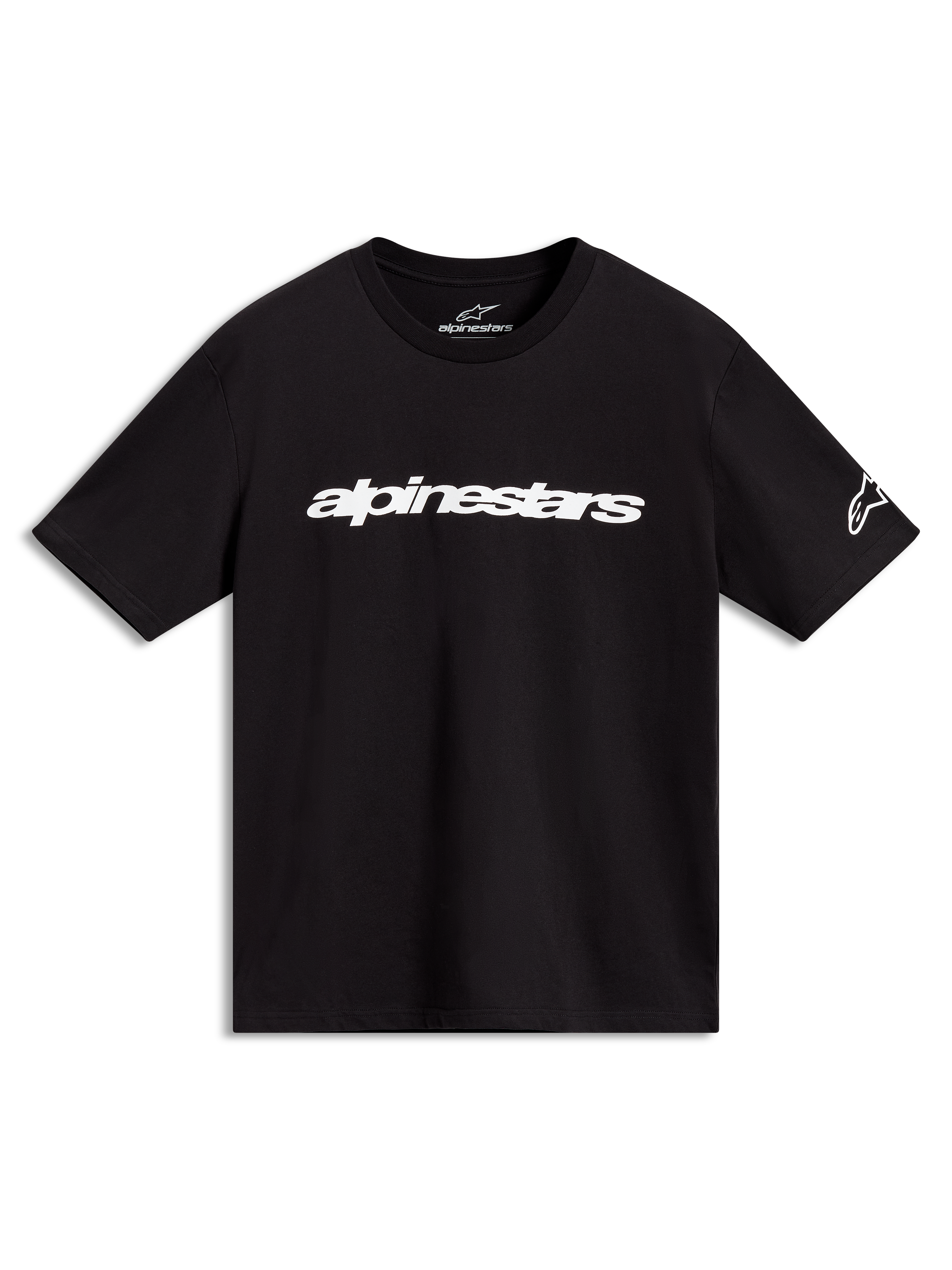 Alpinestars Race Wordmark CSF Tee, black short-sleeve sportswear shirt with white linear chest logo and sleeve branding.