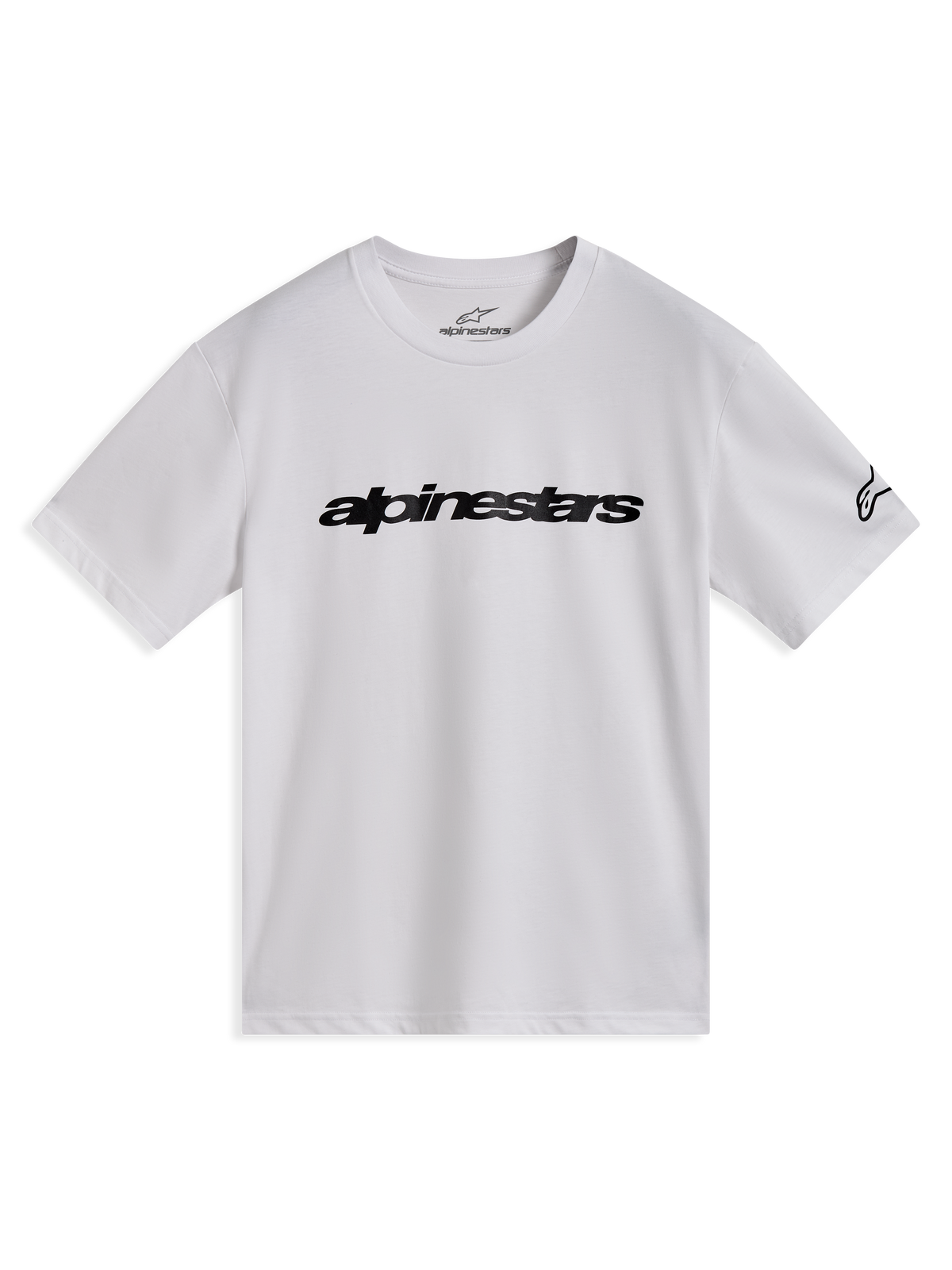 Alpinestars Race Wordmark CSF Tee, white short sleeve sportswear shirt with black chest logo and sleeve graphic.