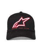 Alpinestars Lineout Hat, Black structured twill cap with curved bill, red and white embroidered Astars logo and brand motto.