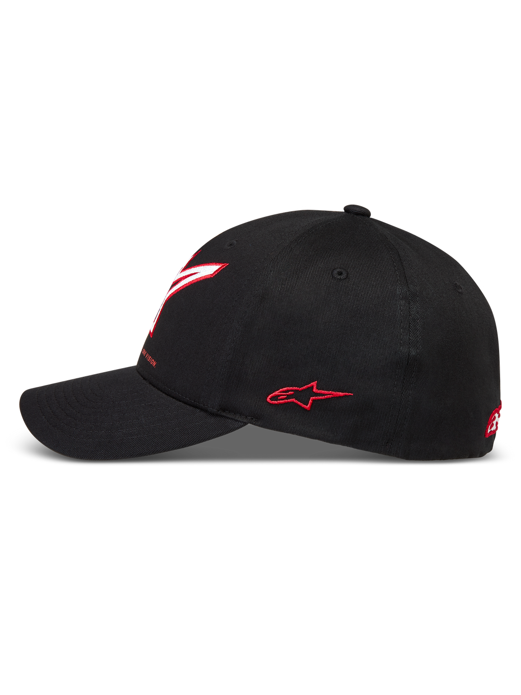 Alpinestars Lineout Hat, black twill motorsport cap with a curved bill and red embroidered logos.