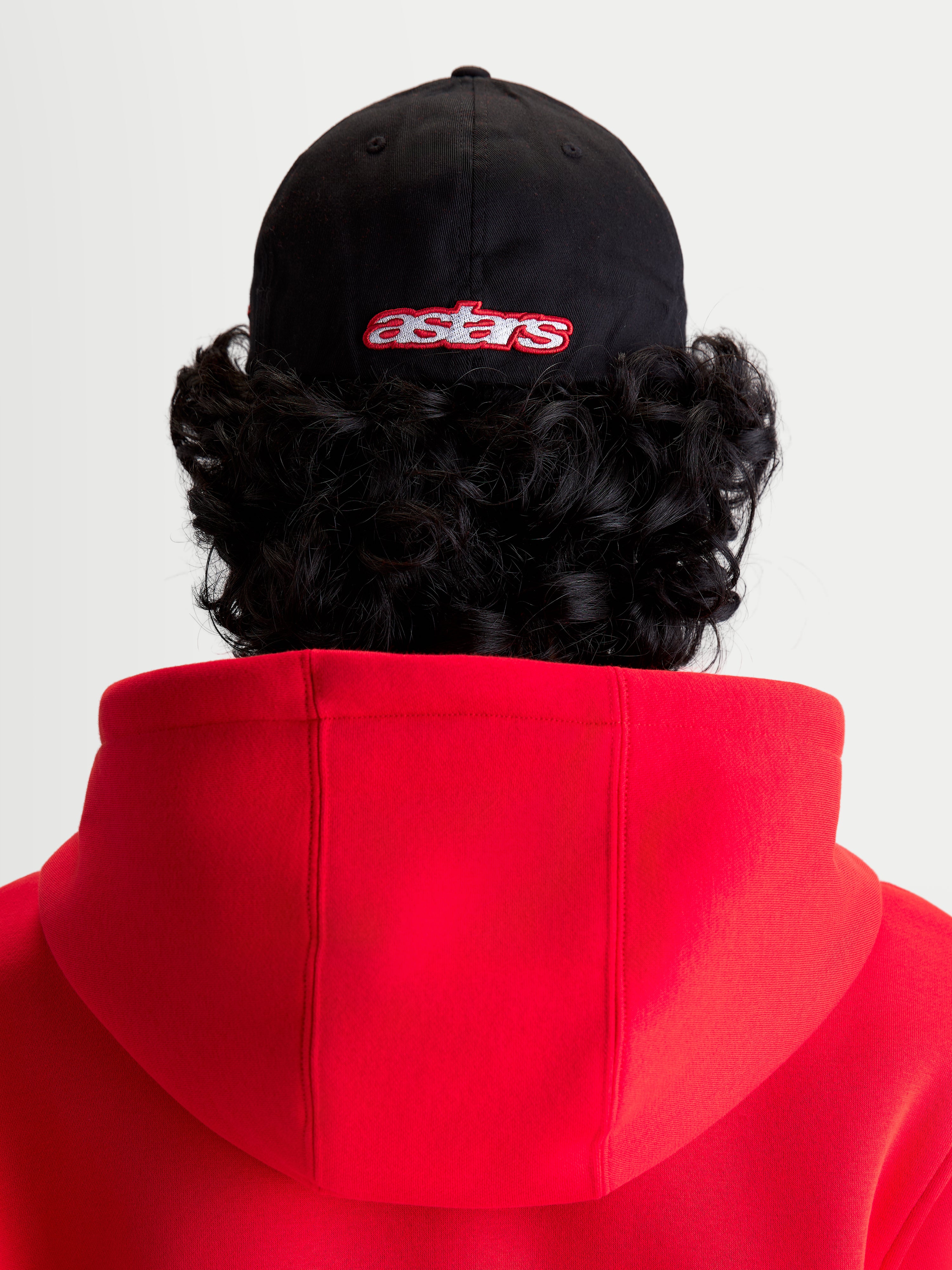 Alpinestars Lineout Hat, Sportswear Baseball Cap, Black and Red, Rear View on-model featuring embroidered astars logo, structured crown, twill fabric construction.