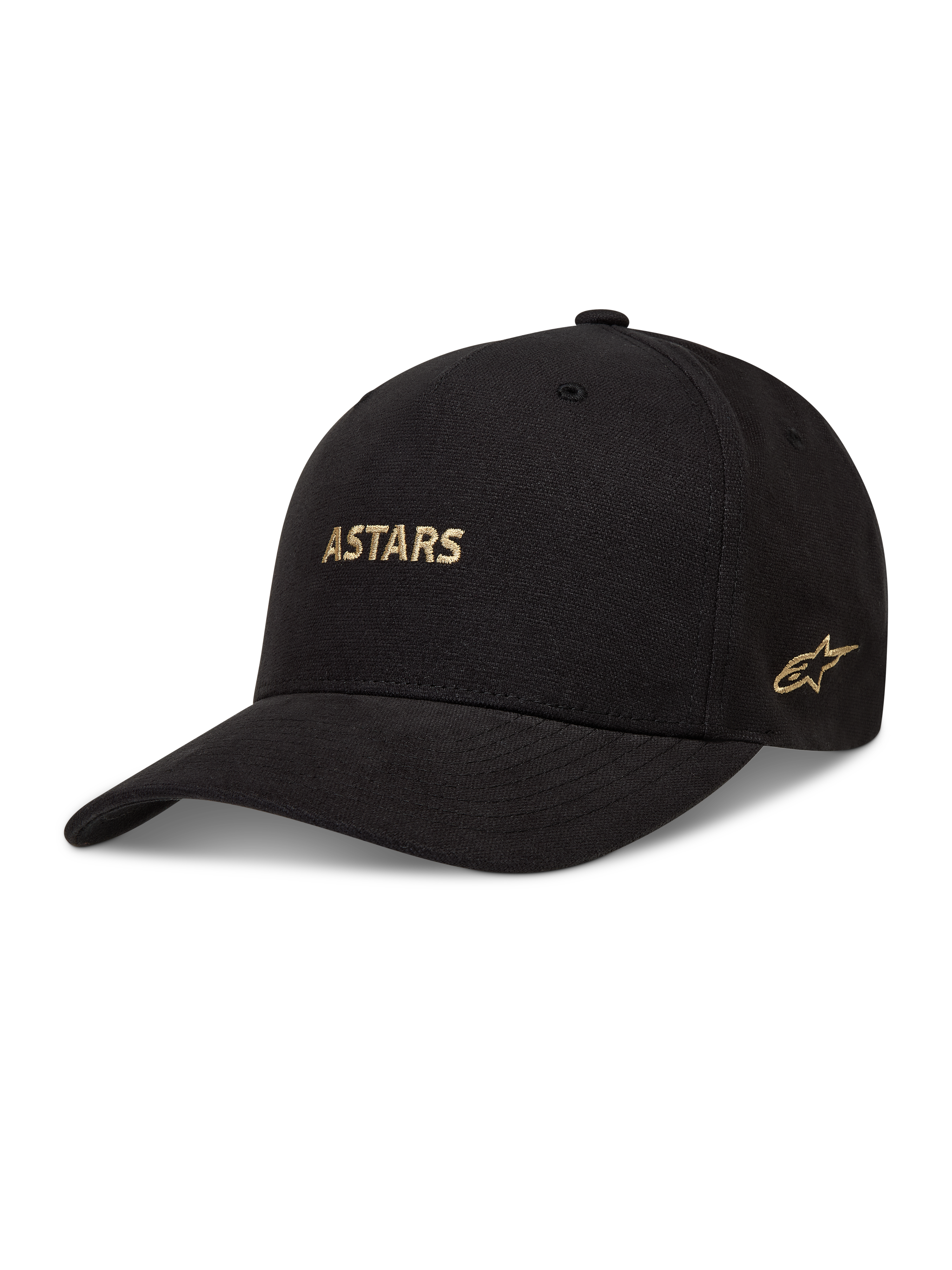 Alpinestars County Canvas Hat, black structured sportswear cap with a curved bill and gold embroidered Astars logo.