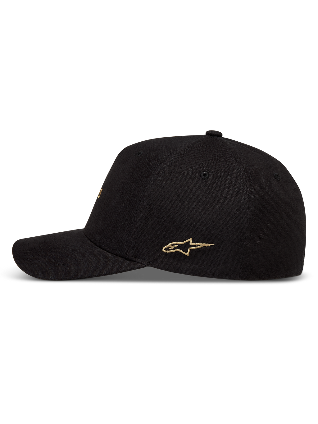 Alpinestars County Canvas Hat, black curved bill sportswear cap with structured crown and gold side logo.