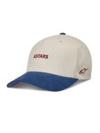 Alpinestars County Canvas Hat, Sand and Blue sportswear cap with a curved bill and red Astars logo embroidery.