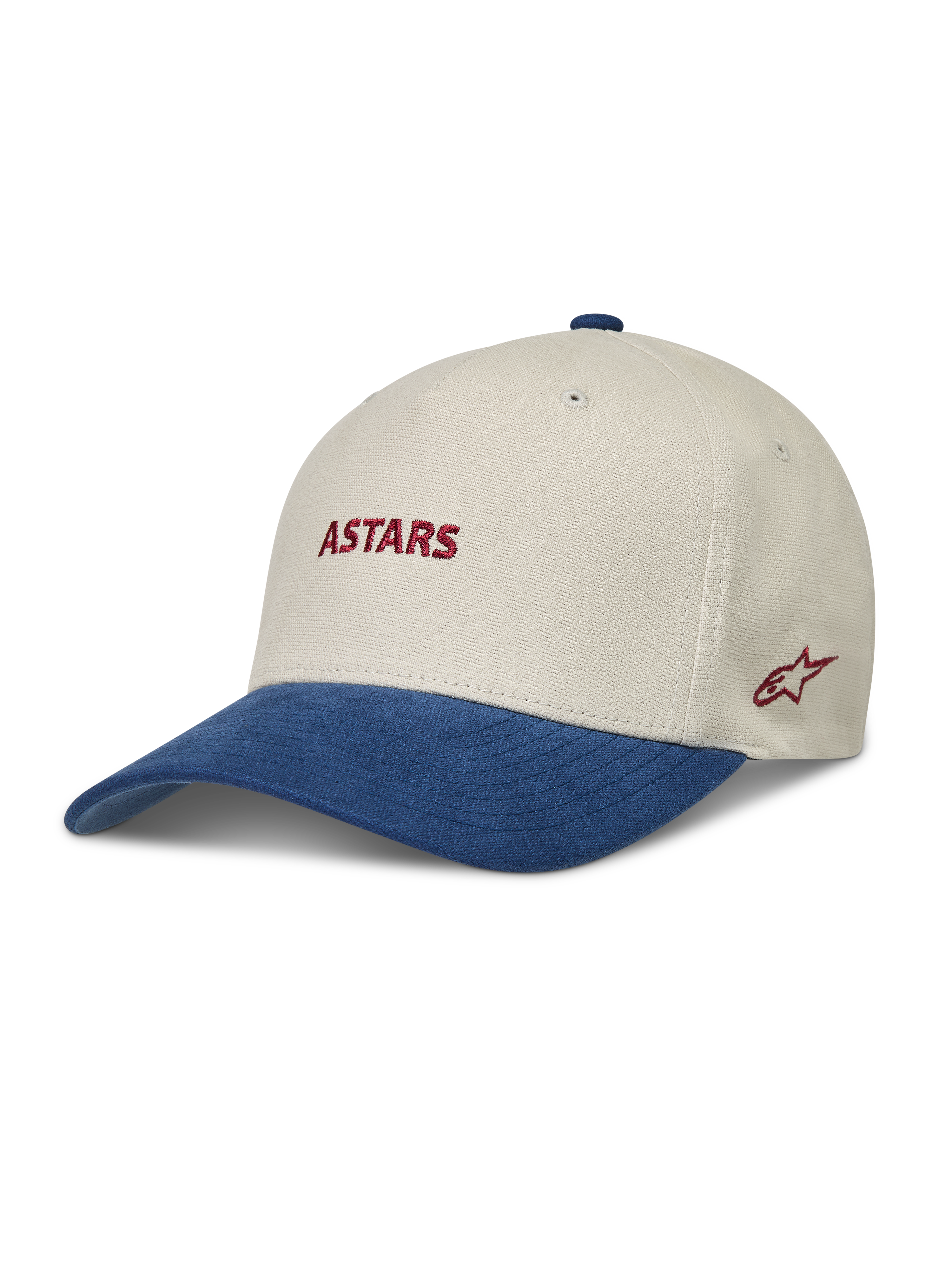 Alpinestars County Canvas Hat, Sand and Blue sportswear cap with a curved bill and red Astars logo embroidery.