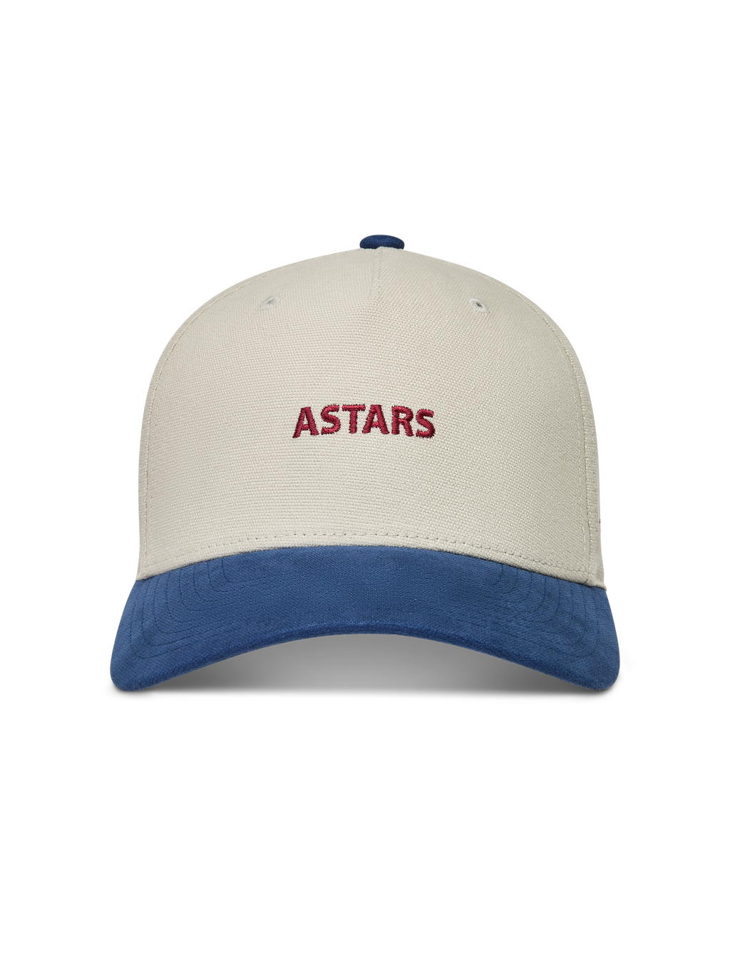 Alpinestars County Canvas Hat, sand and blue sportswear cap featuring a red embroidered logo and curved bill.