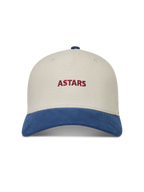 Alpinestars County Canvas Hat, sand and blue sportswear cap featuring a red embroidered logo and curved bill.