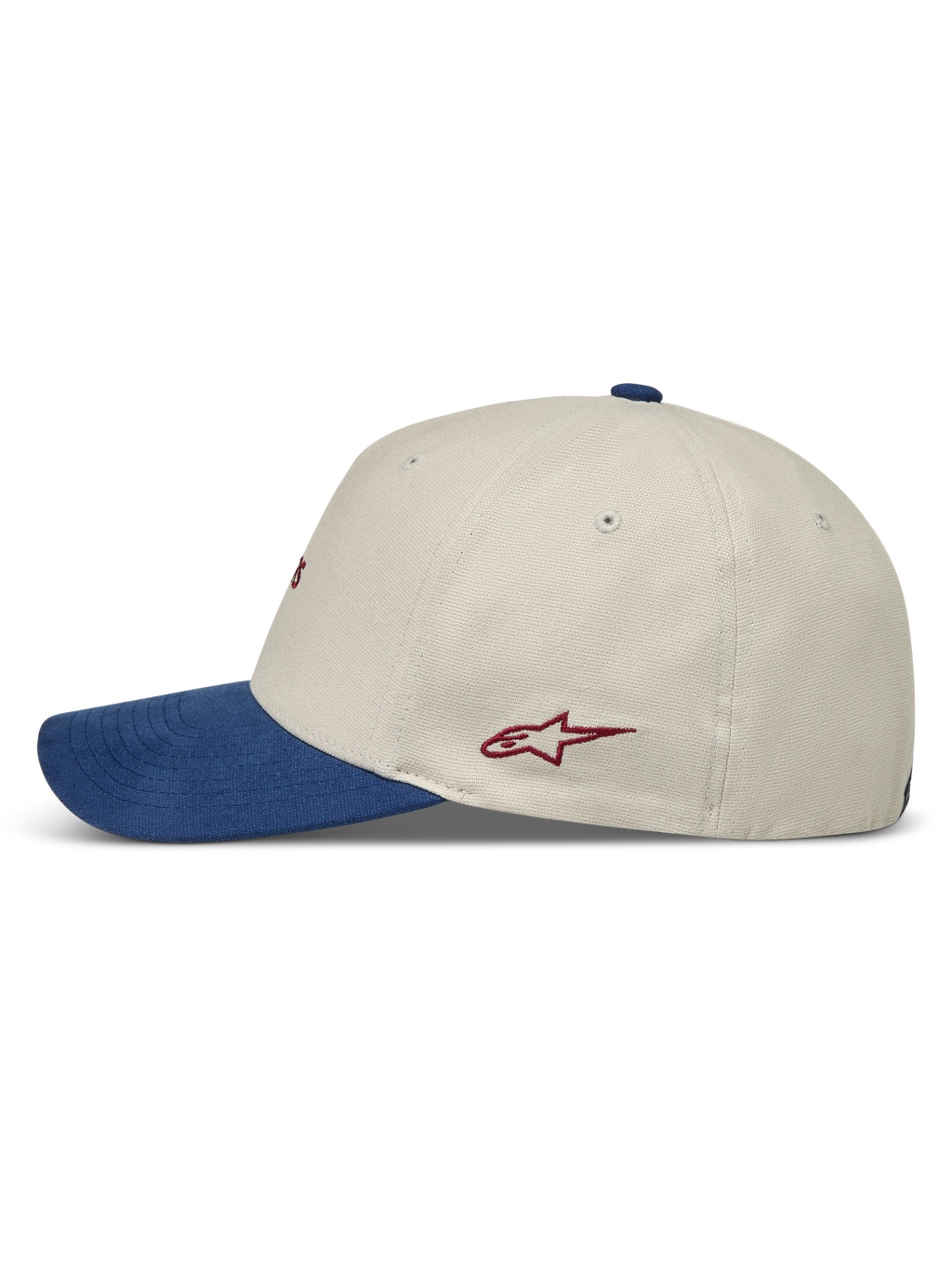 Alpinestars County Canvas Hat, Sportswear Cap, side view in Sand and Blue with curved bill, structured crown, and red logo.