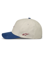 Alpinestars County Canvas Hat, Sportswear Cap, side view in Sand and Blue with curved bill, structured crown, and red logo.