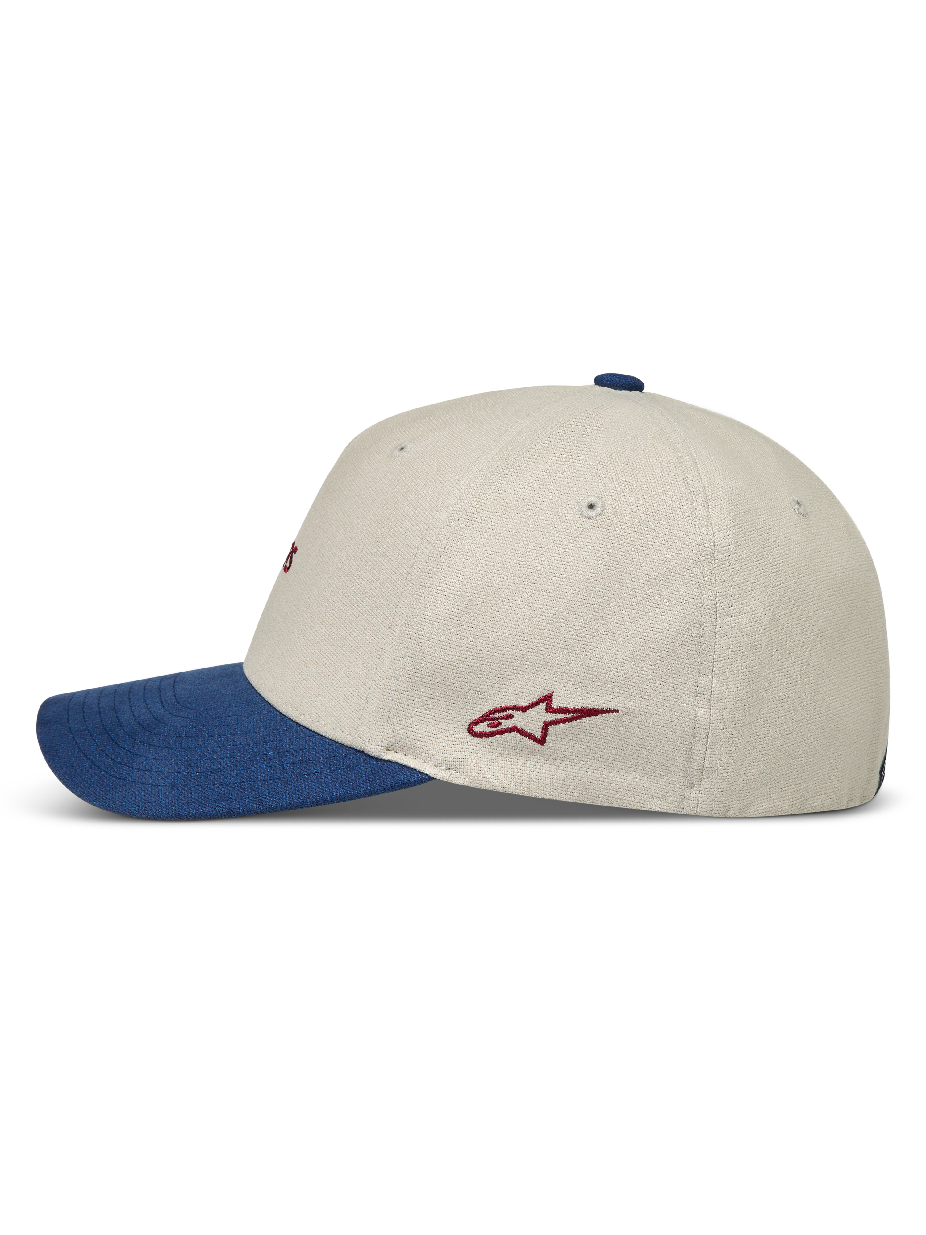 Alpinestars County Canvas Hat, Sportswear Cap, side view in Sand and Blue with curved bill, structured crown, and red logo.