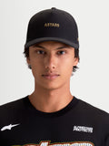 Alpinestars County Canvas Hat, Sportswear Curved Bill Baseball Cap, Black with Gold ASTARS Logo Embroidery, Oxford Peached Fabric and Structured Crown, Casual Lifestyle Wear on Model.