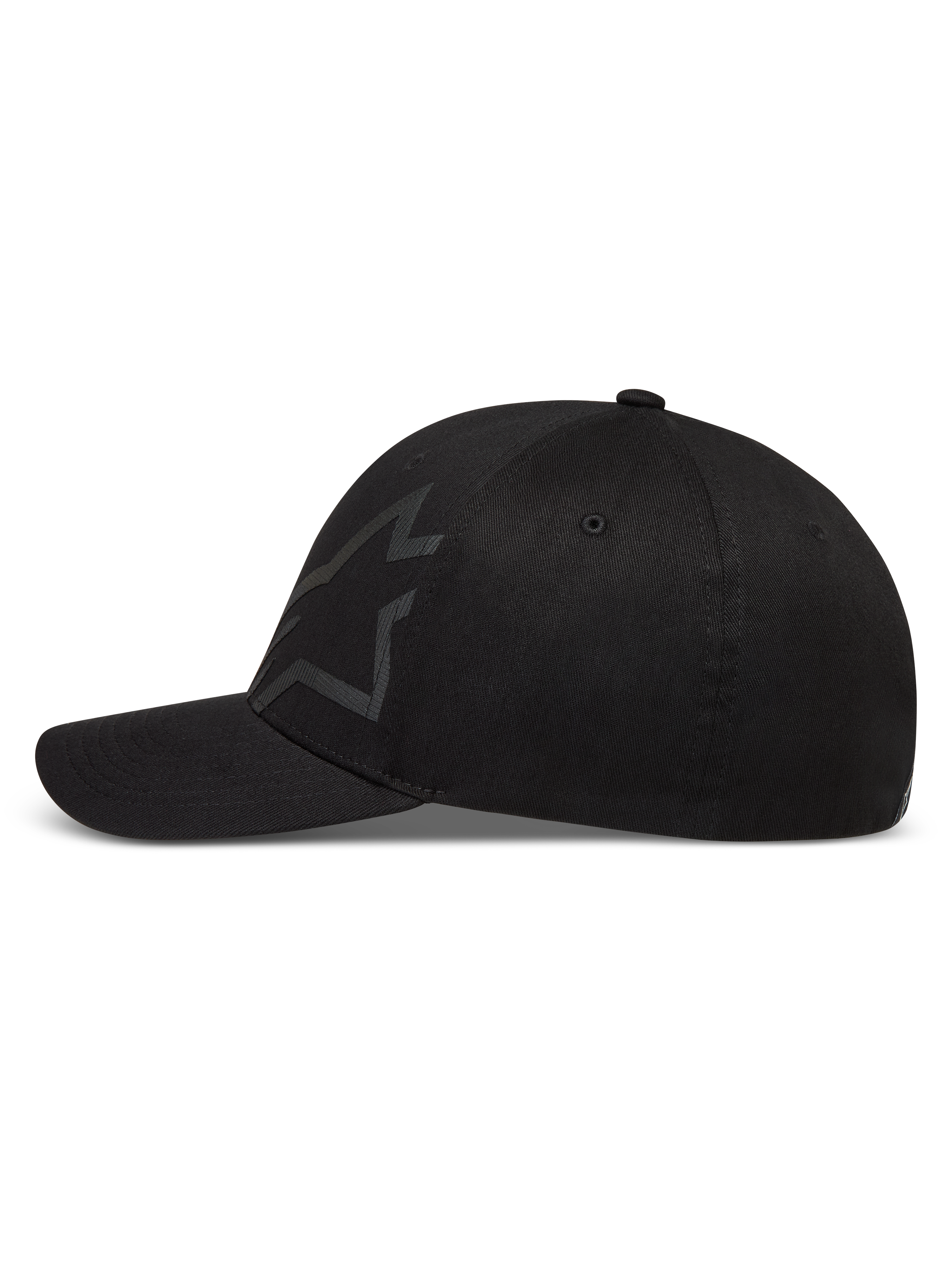 Alpinestars Maze Hat, Sportswear Curved Bill Cap, Black, Twill fabric featuring a textured Astars logo and structured crown.