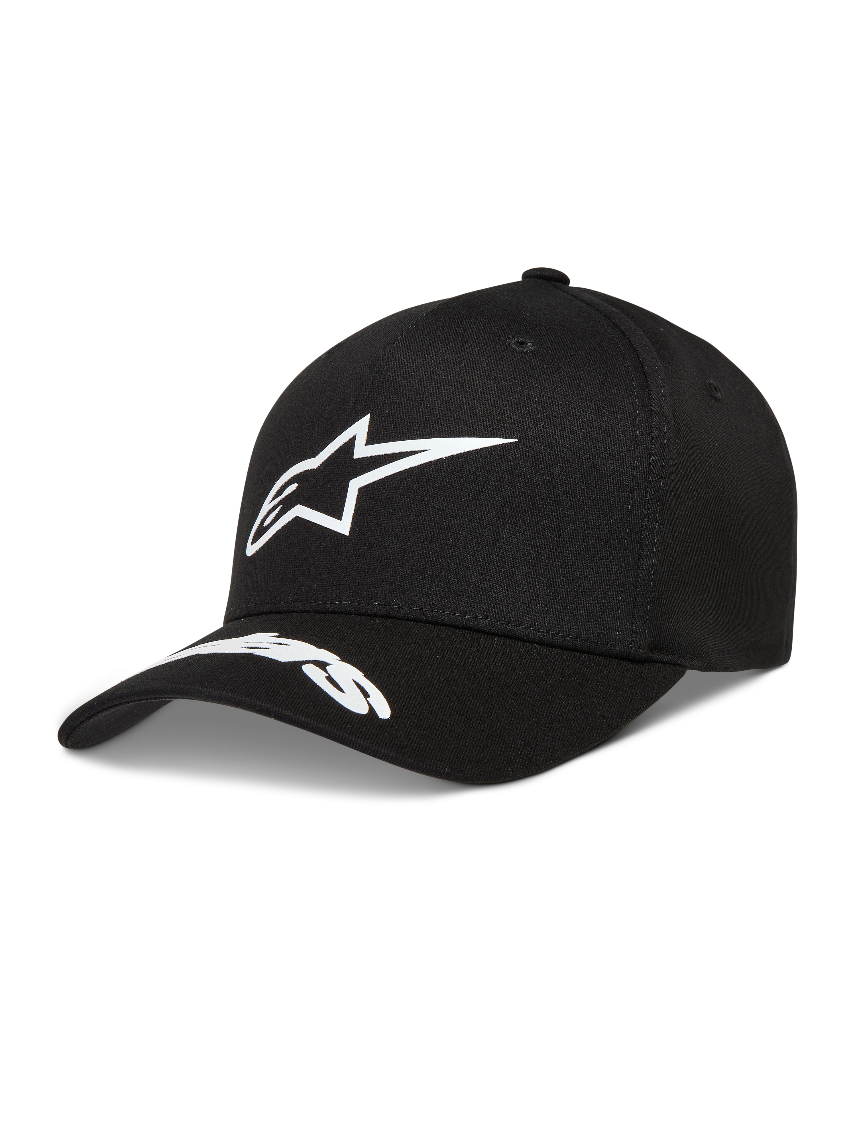 Alpinestars Arclight Hat, black twill cap with white puff print logo and word logo on the curved bill.