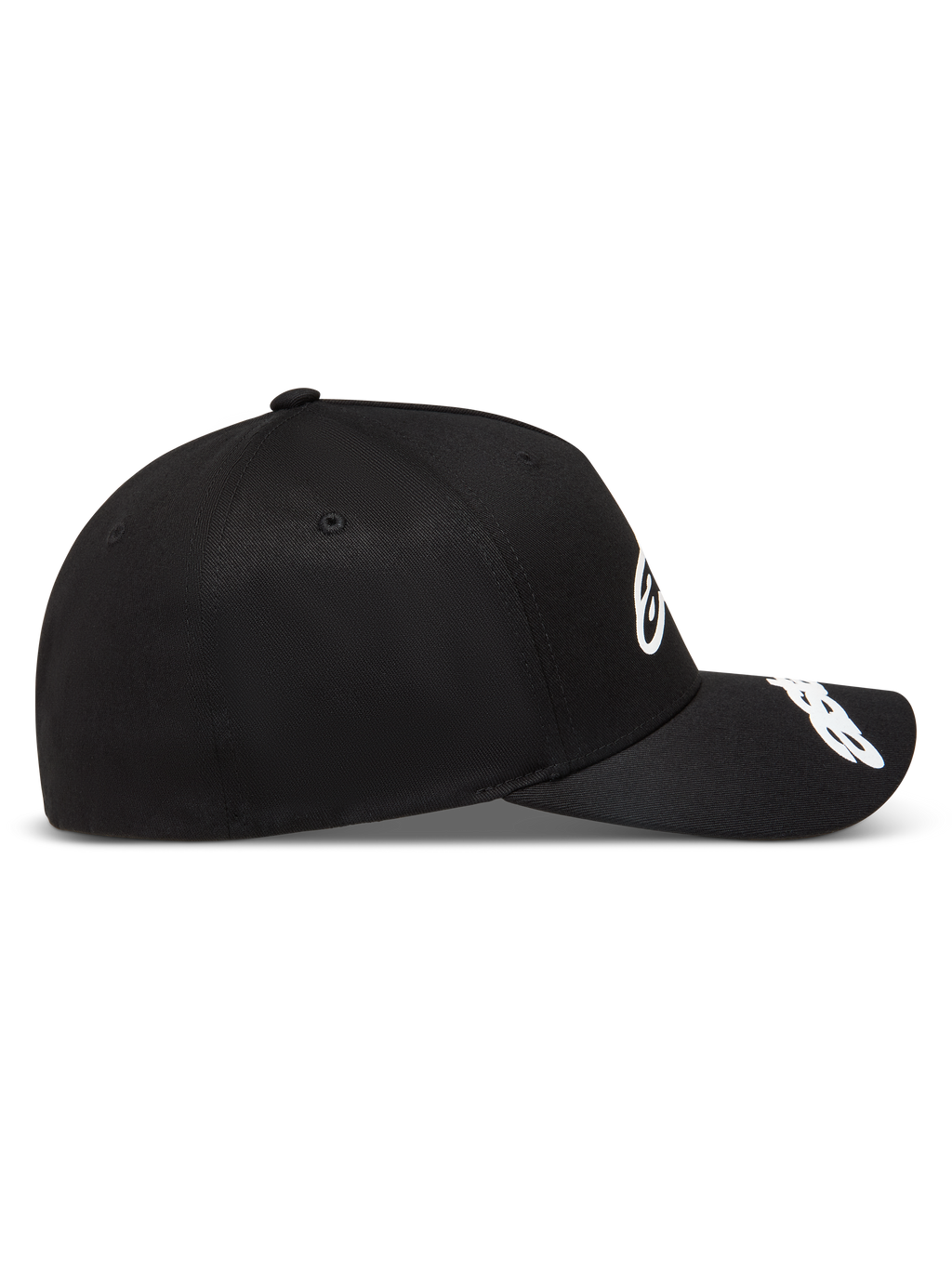 Alpinestars Arclight Hat, black sportswear cap with structured crown and white puff print logos on the front and visor.