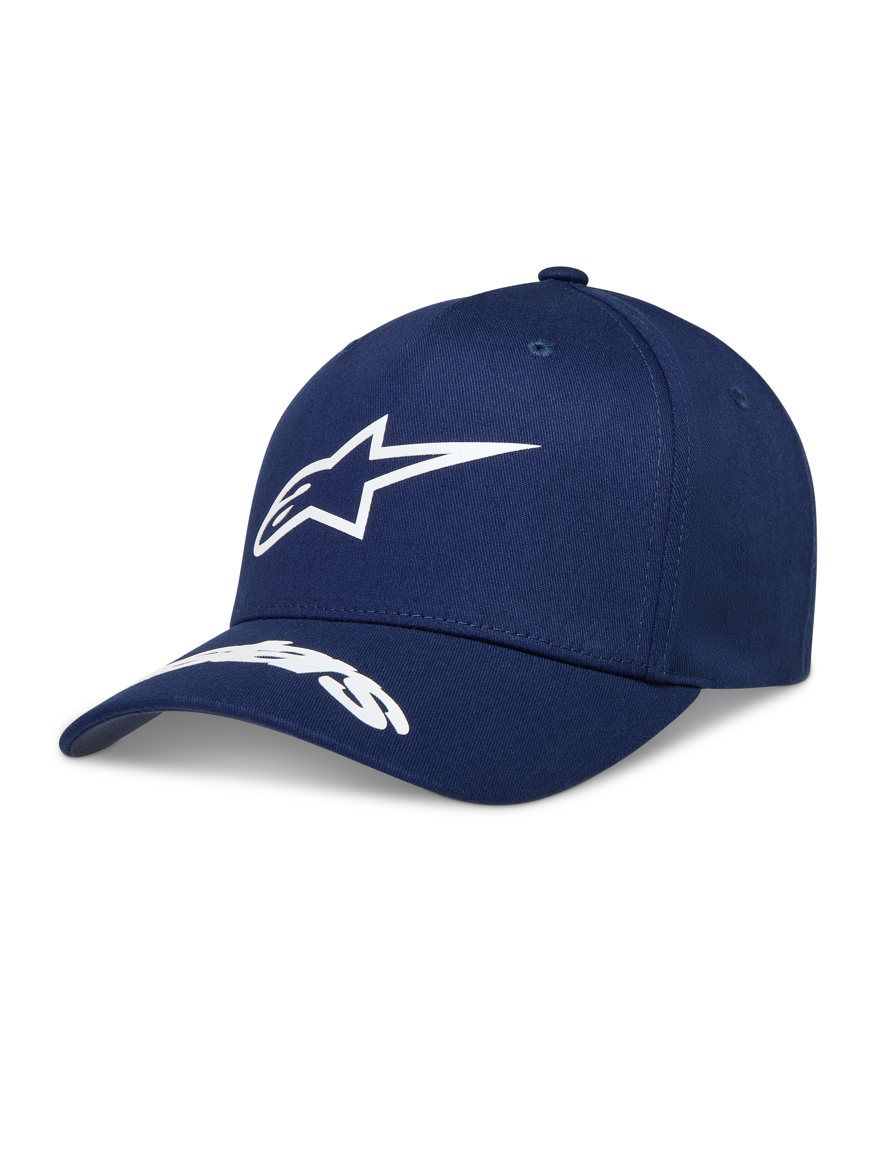 Alpinestars Arclight Hat, navy blue sportswear cap featuring a white puff print logo, curved bill, and structured crown.